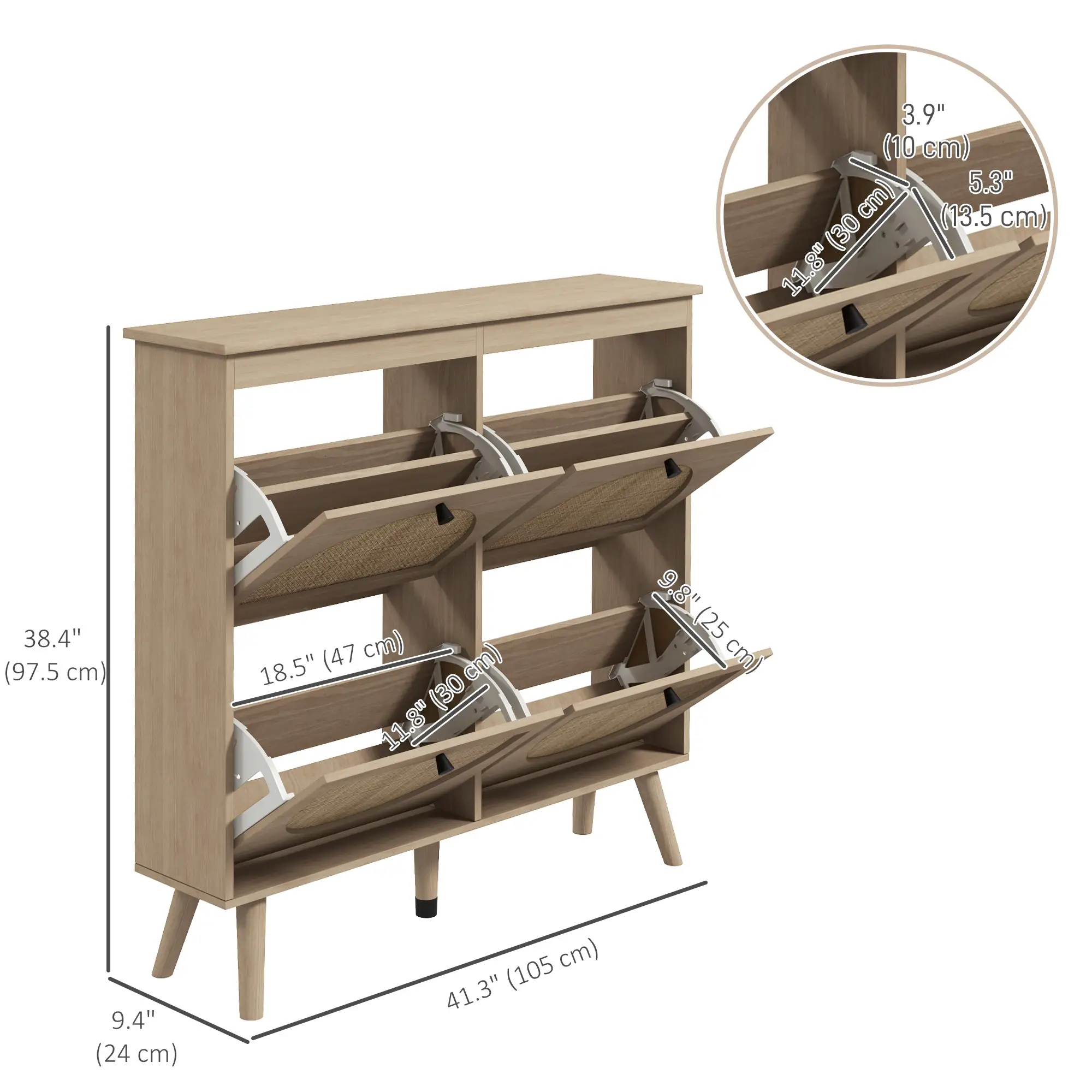 Shoe Cabinet, 4 Flip Drawers, Adjustable Shelves, Holds 20 Pairs, Oak - Image 3