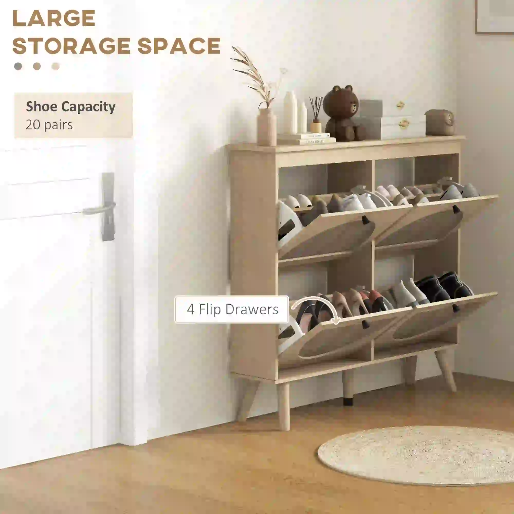 Shoe Cabinet, 4 Flip Drawers, Adjustable Shelves, Holds 20 Pairs, Oak - Image 4