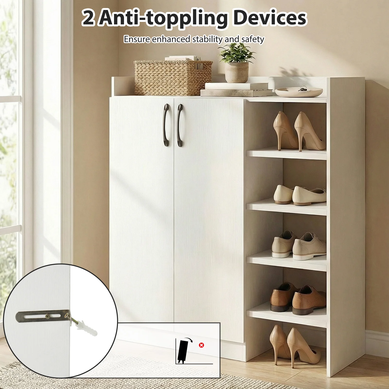 Shoe Cabinet with 2 Doors Shoe Storage Organizer with 2 Adjustable Inner Shelves, White - Image 10