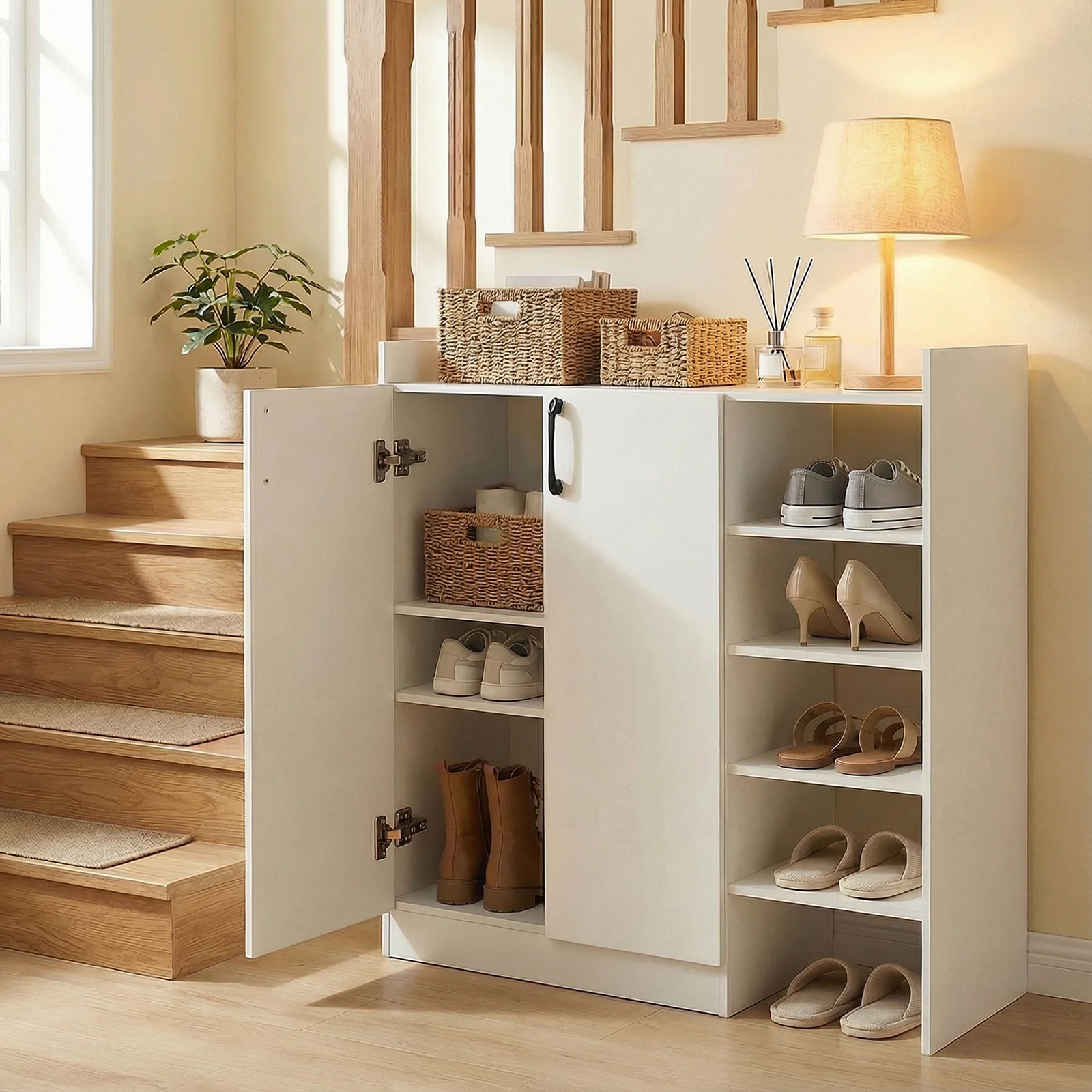 Shoe Cabinet with 2 Doors Shoe Storage Organizer with 2 Adjustable Inner Shelves, White - Image 3