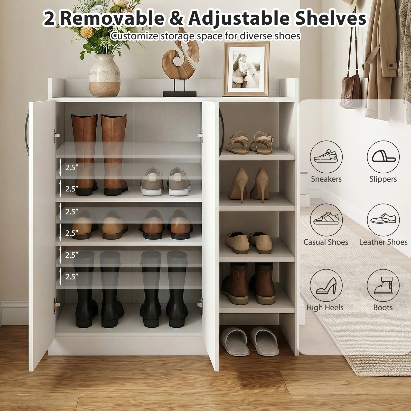 Shoe Cabinet with 2 Doors Shoe Storage Organizer with 2 Adjustable Inner Shelves, White - Image 9