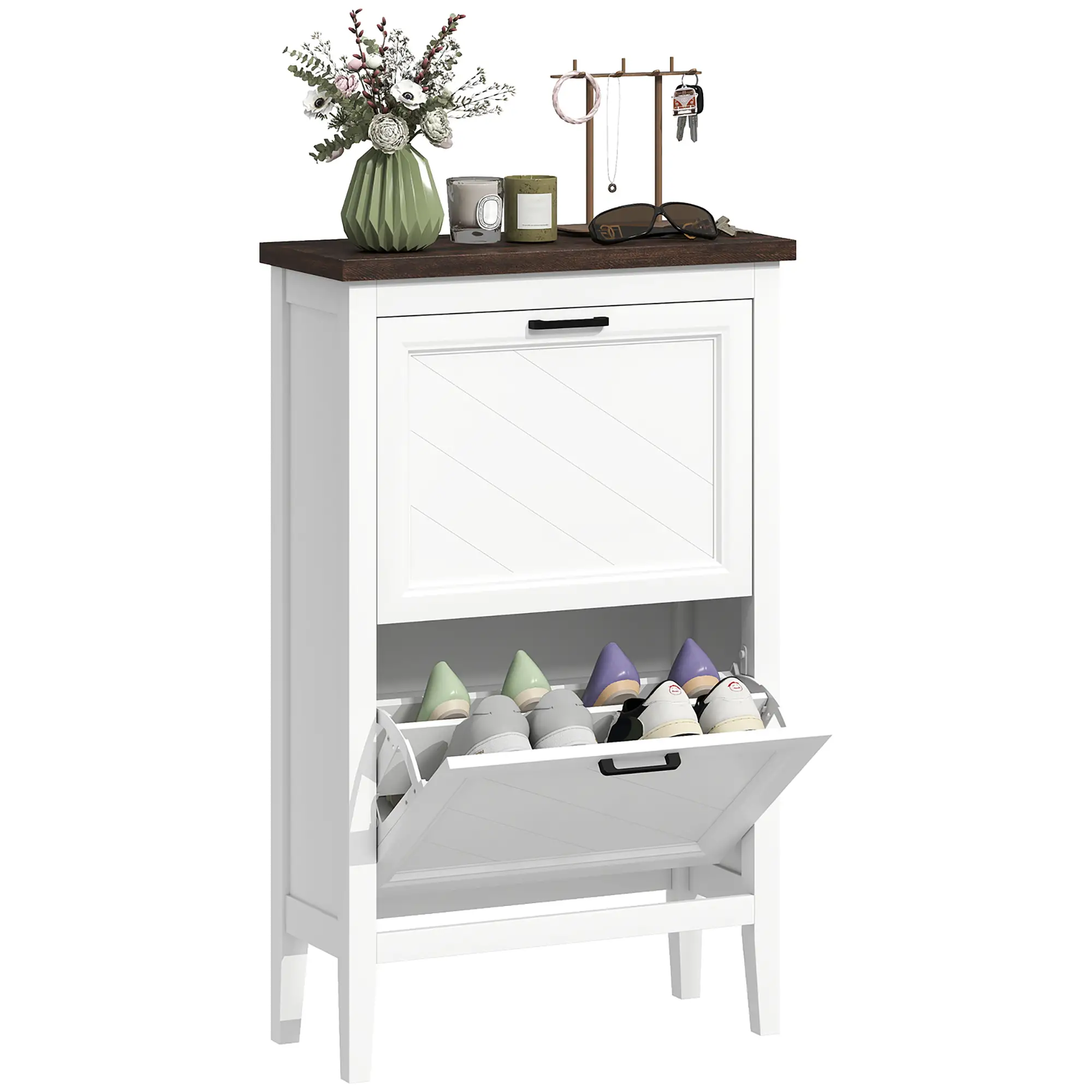 Shoe Cabinet with 2 Flip Drawers, Farmhouse Narrow Shoe Storage Cabinet with Adjustable Shelves, White - Image 11