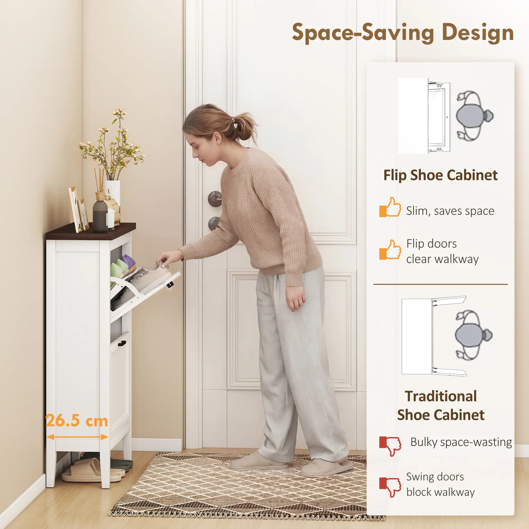 Shoe Cabinet with 2 Flip Drawers, Farmhouse Narrow Shoe Storage Cabinet with Adjustable Shelves, White - Image 4