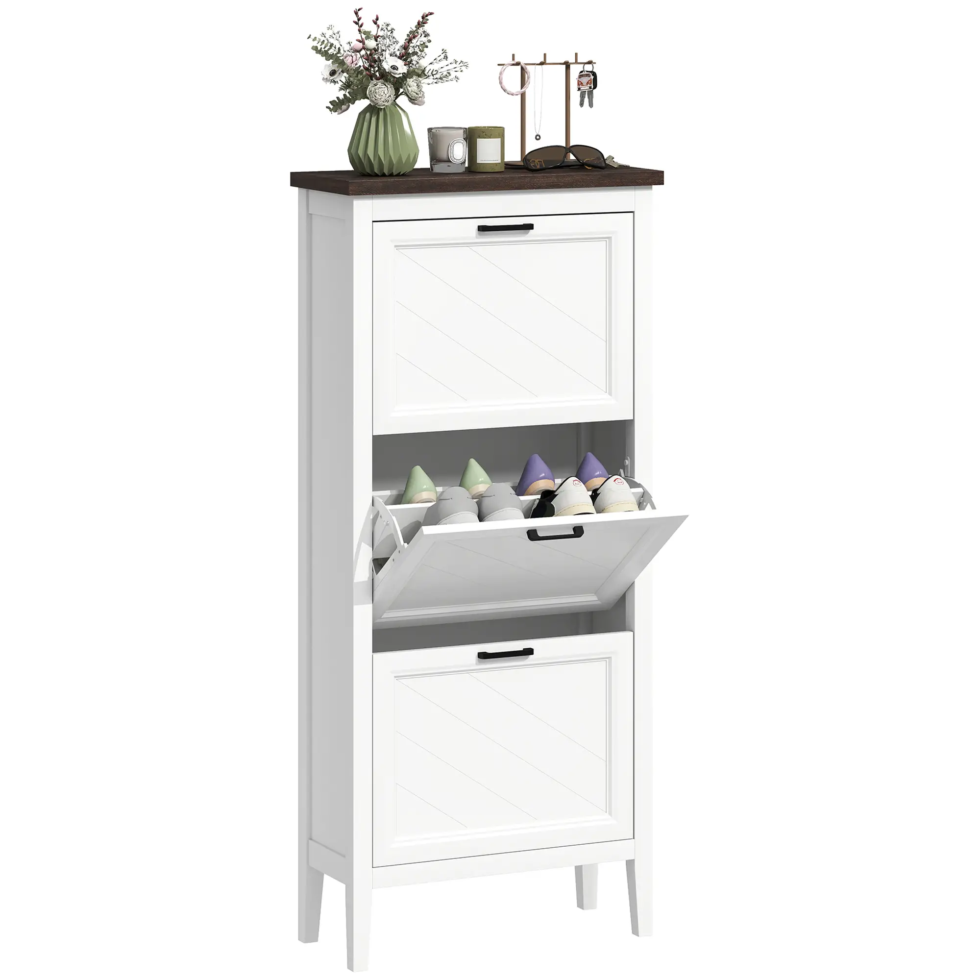 Shoe Cabinet with 3 Flip Drawers, Farmhouse Narrow Shoe Storage Cabinet with Adjustable Shelves, White - Image 11
