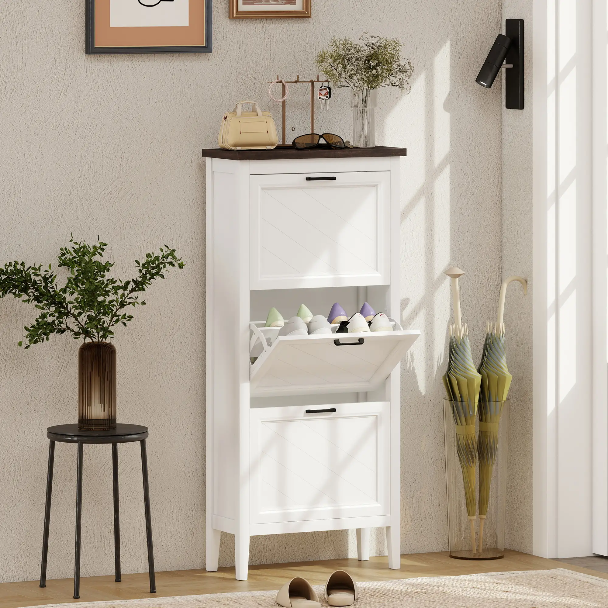 Shoe Cabinet with 3 Flip Drawers, Farmhouse Narrow Shoe Storage Cabinet with Adjustable Shelves, White - Image 2