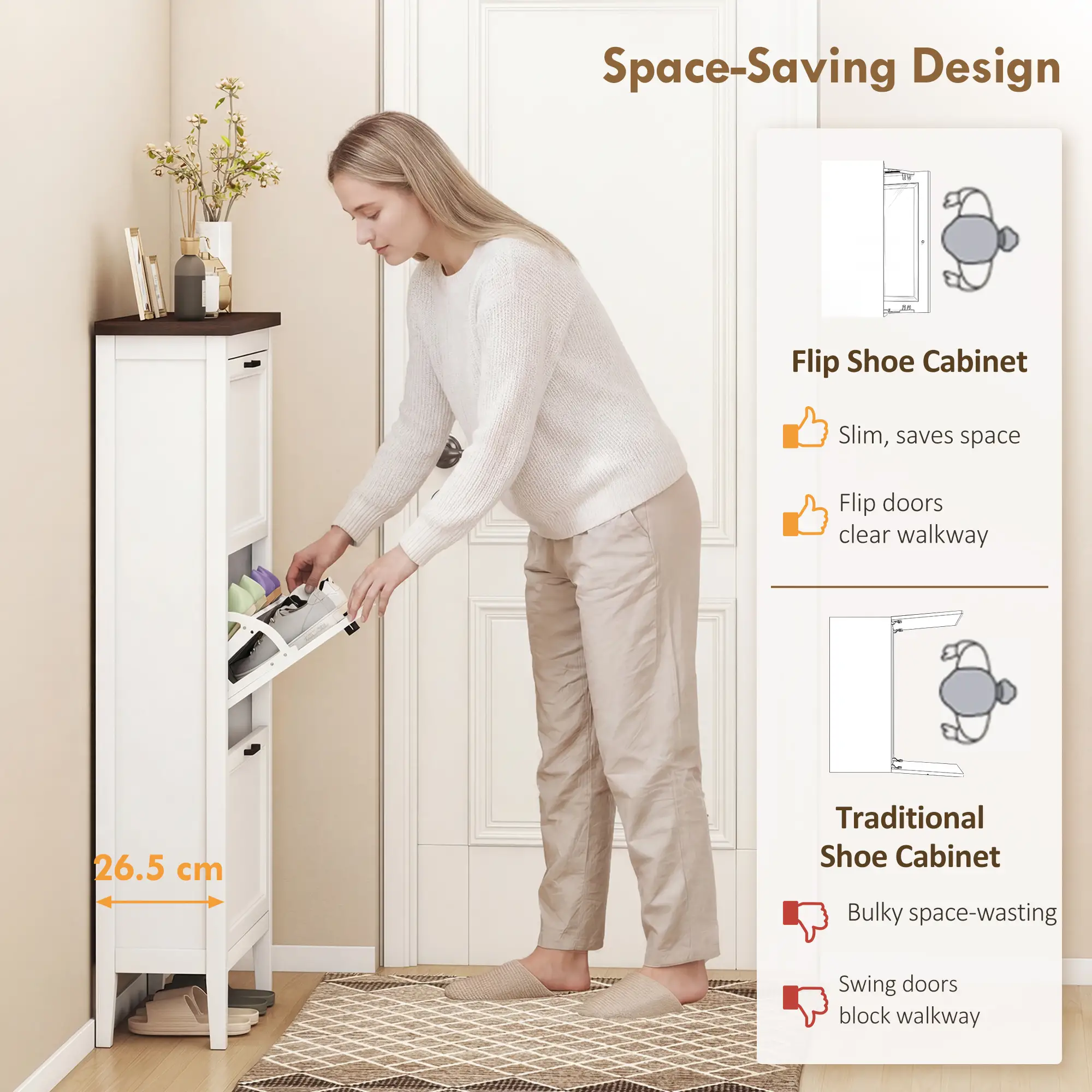 Shoe Cabinet with 3 Flip Drawers, Farmhouse Narrow Shoe Storage Cabinet with Adjustable Shelves, White - Image 4