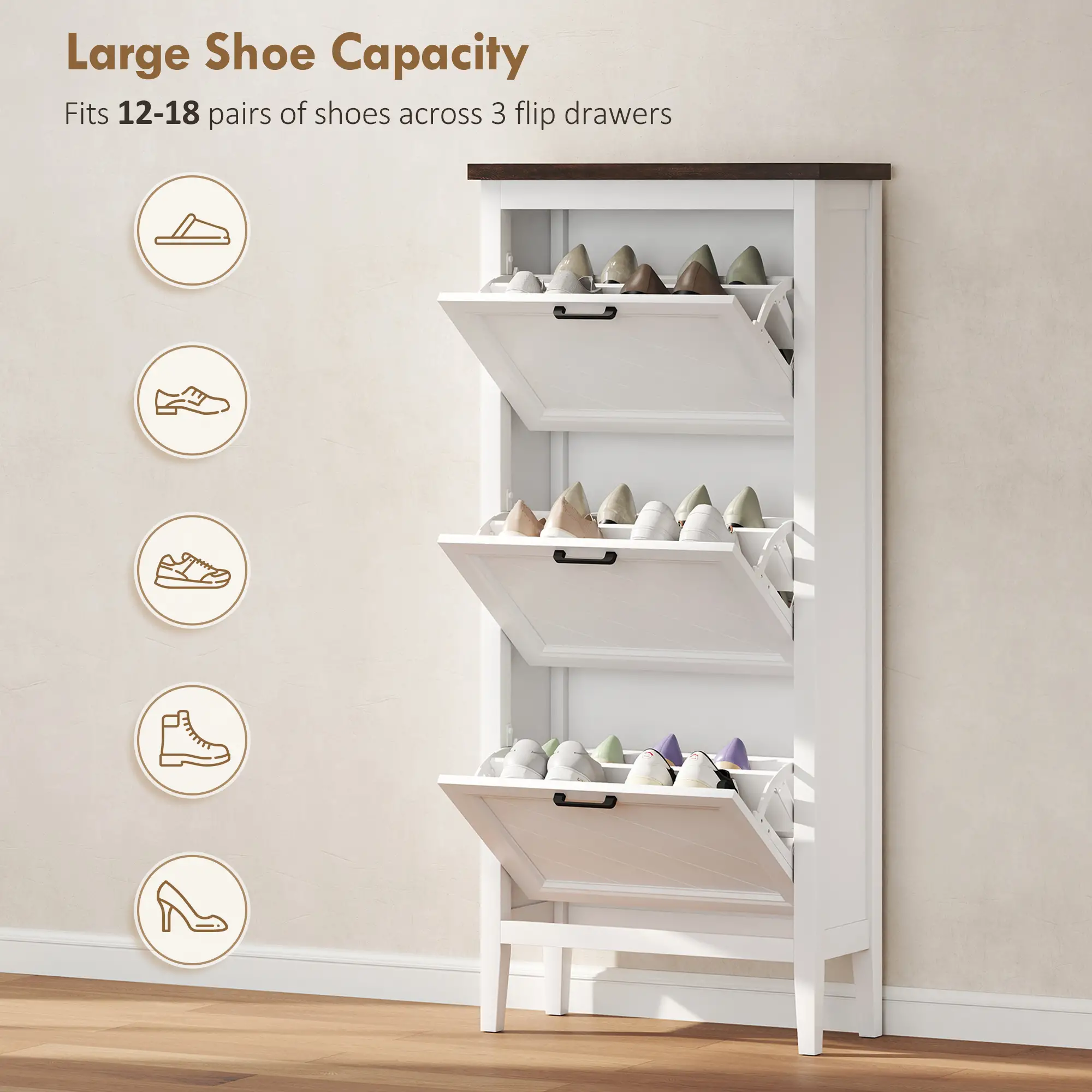 Shoe Cabinet with 3 Flip Drawers, Farmhouse Narrow Shoe Storage Cabinet with Adjustable Shelves, White - Image 5