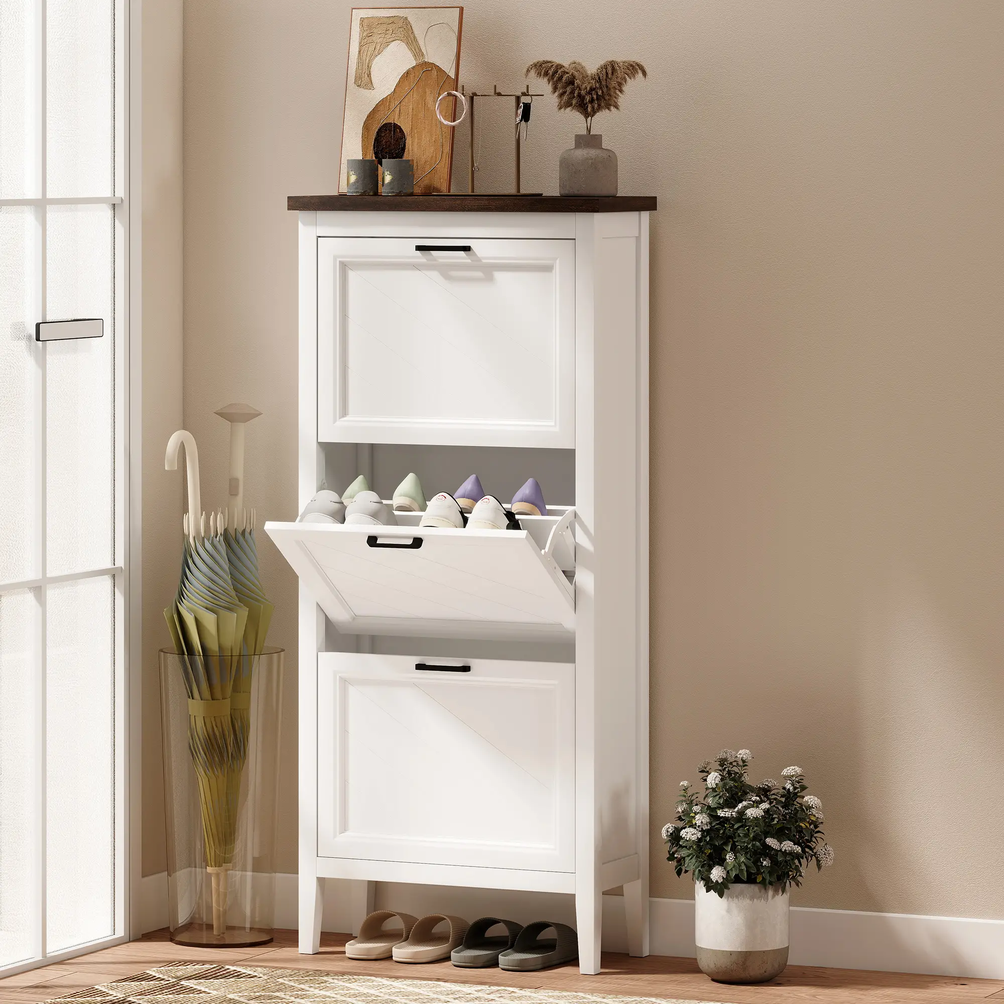 Shoe Cabinet with 3 Flip Drawers, Farmhouse Narrow Shoe Storage Cabinet with Adjustable Shelves, White - Image 8
