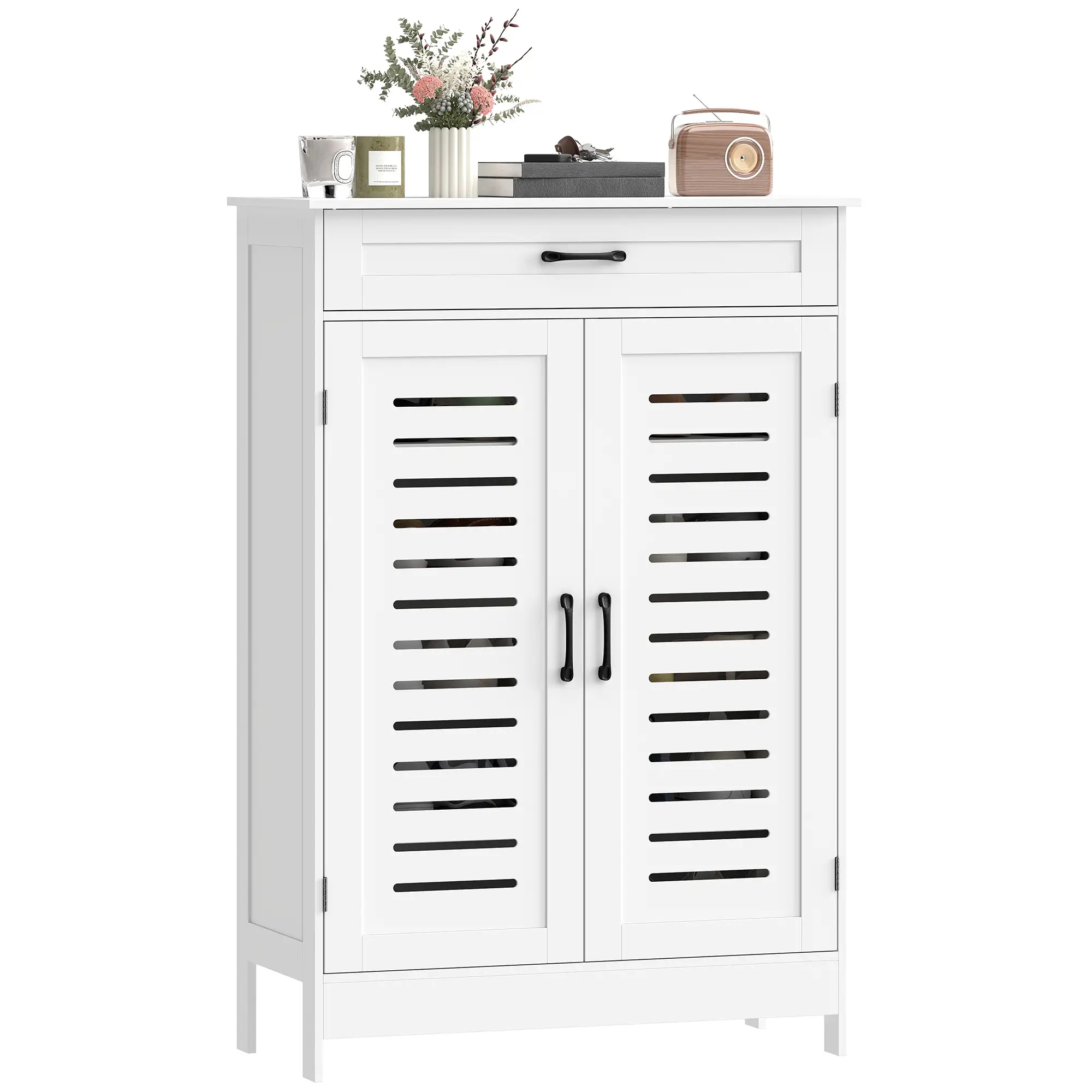 Shoe Cabinet With Louvered Doors, Drawer, Adjustable Shelves, White