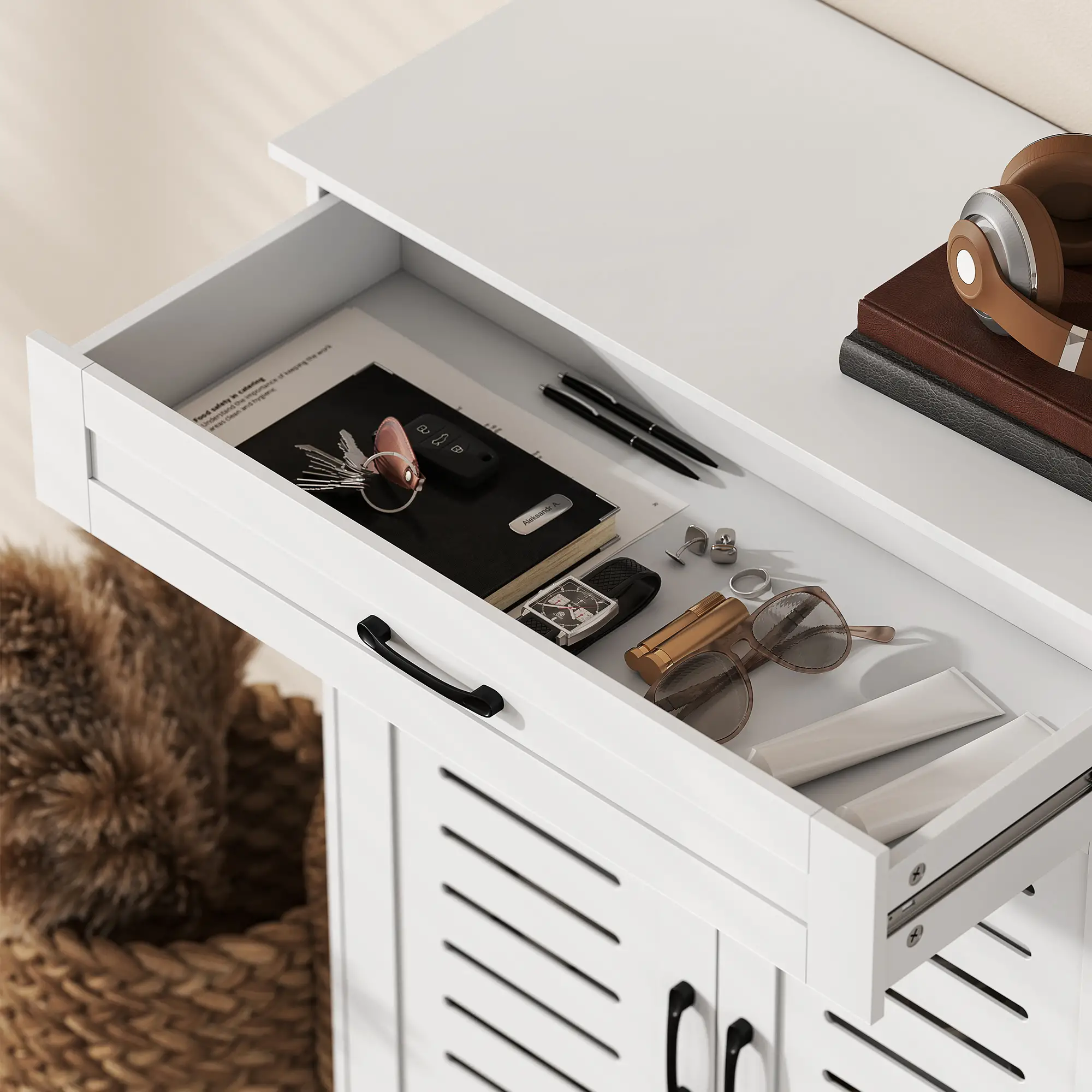 Shoe Cabinet With Louvered Doors, Drawer, Adjustable Shelves, White - Image 10
