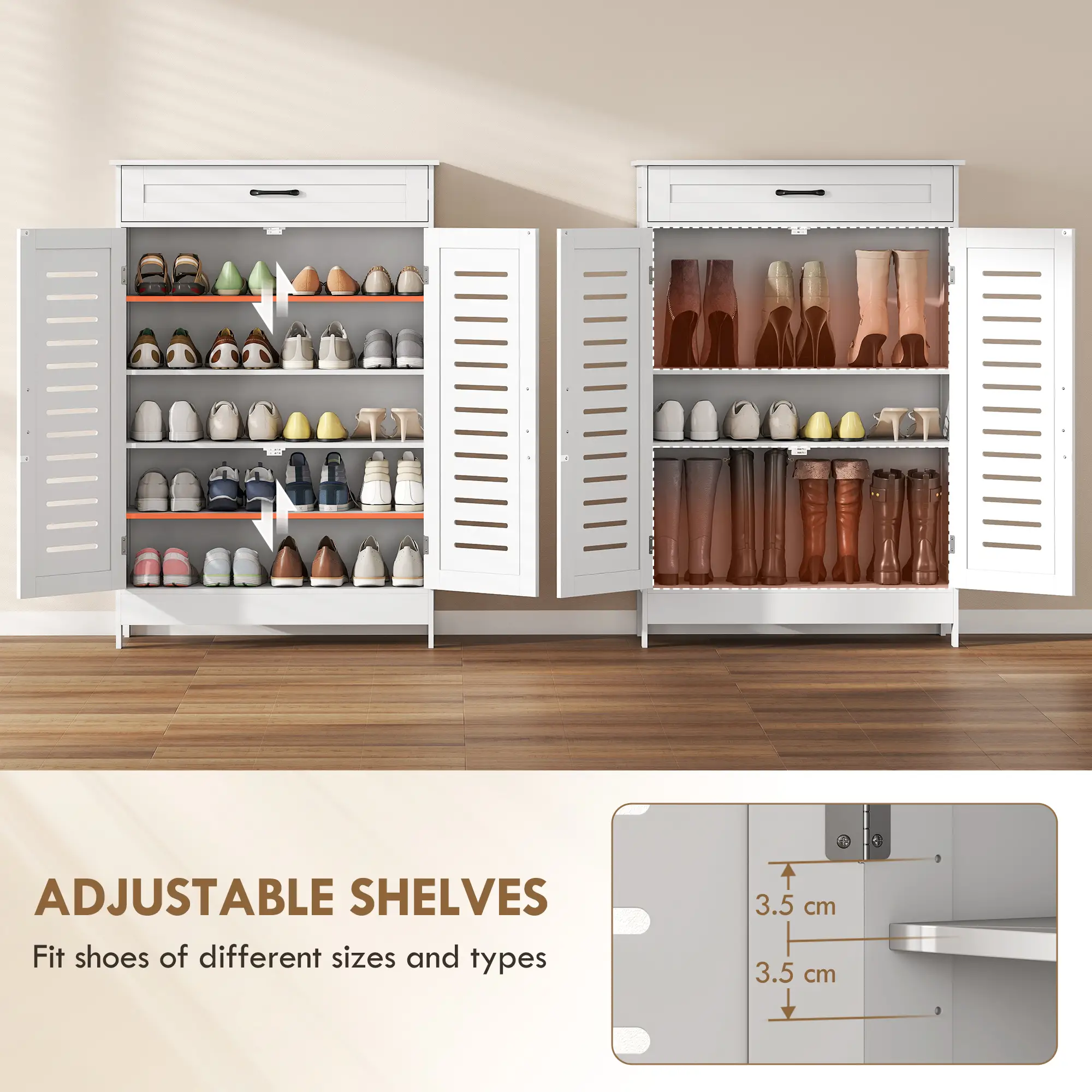 Shoe Cabinet With Louvered Doors, Drawer, Adjustable Shelves, White - Image 5