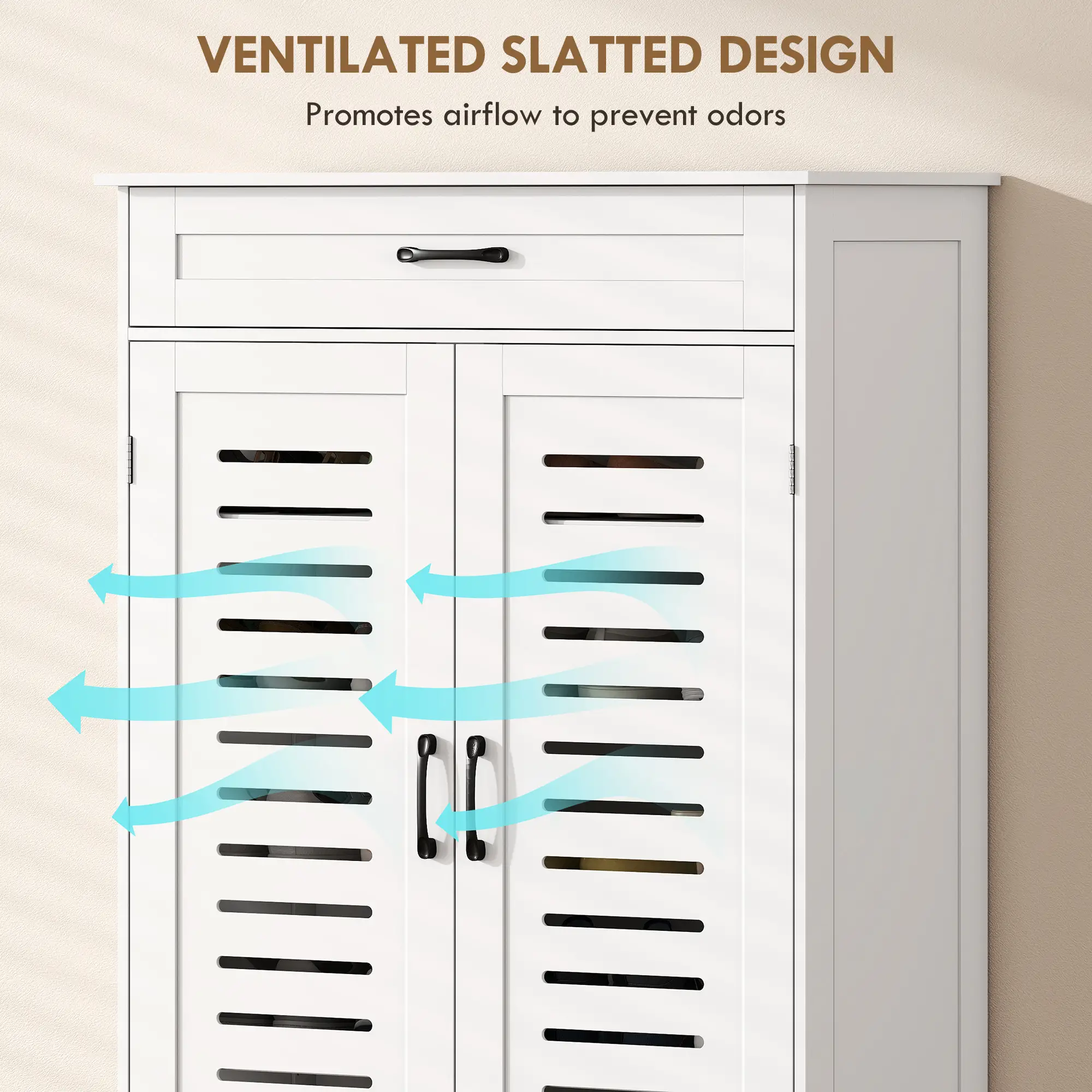 Shoe Cabinet With Louvered Doors, Drawer, Adjustable Shelves, White - Image 6