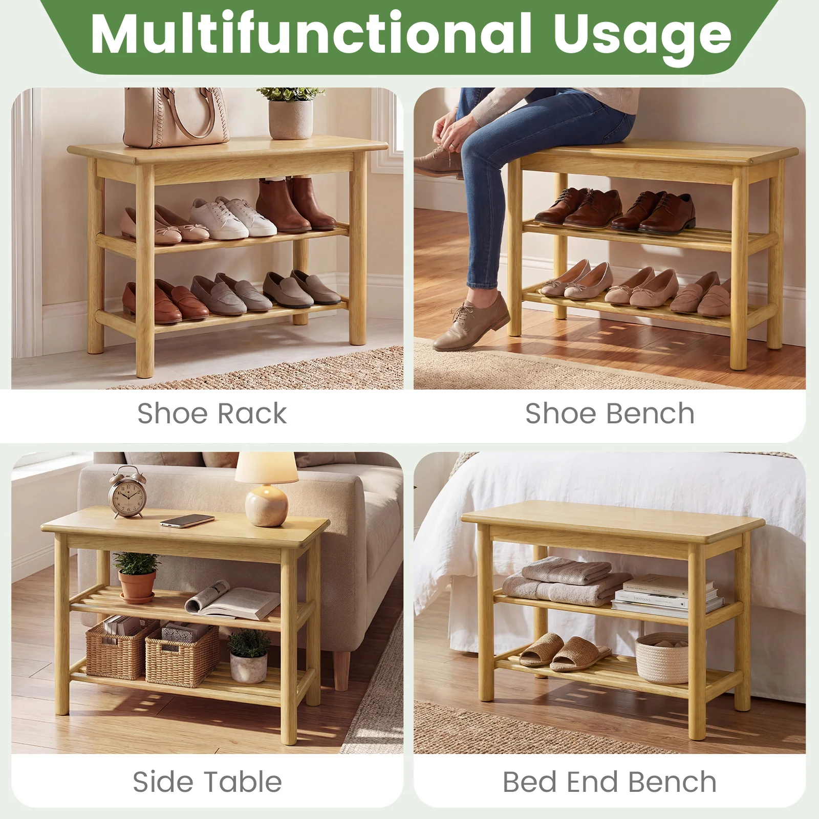 Shoe Rack Bench, 3-Tier Rubberwood, Natural - Image 10