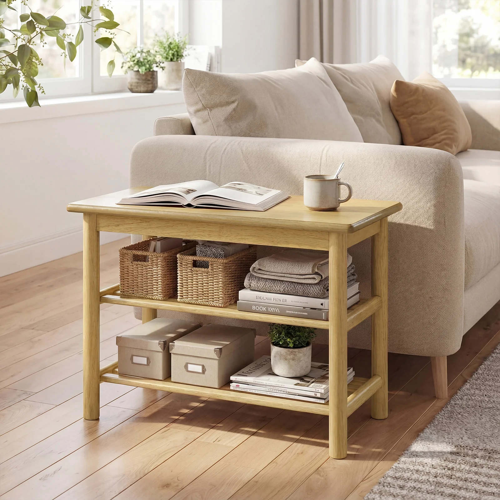 Shoe Rack Bench, 3-Tier Rubberwood, Natural - Image 2