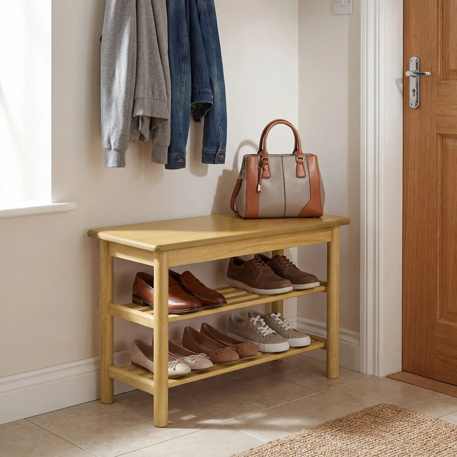 Shoe Rack Bench, 3-Tier Rubberwood, Natural - Image 3