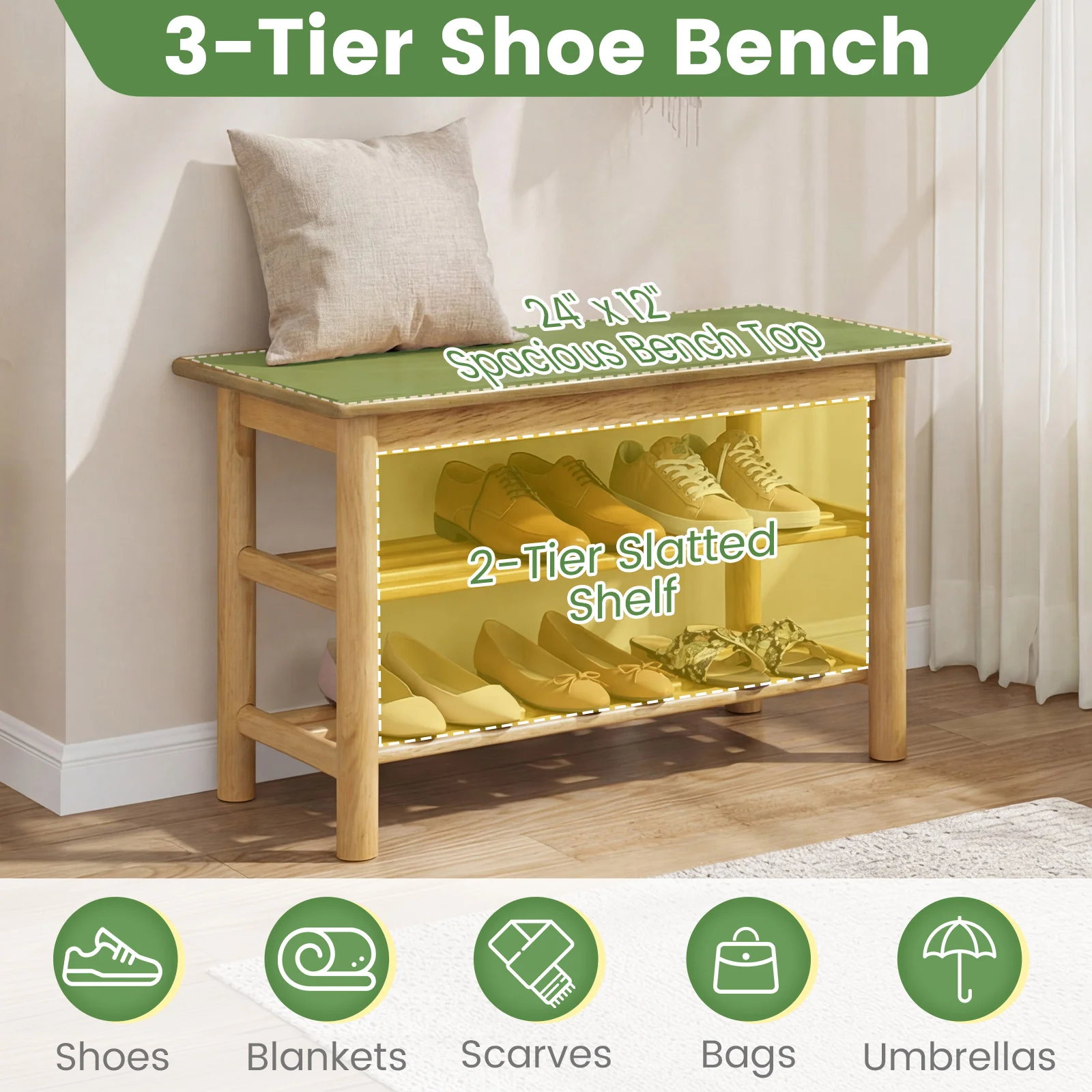 Shoe Rack Bench, 3-Tier Rubberwood, Natural - Image 8