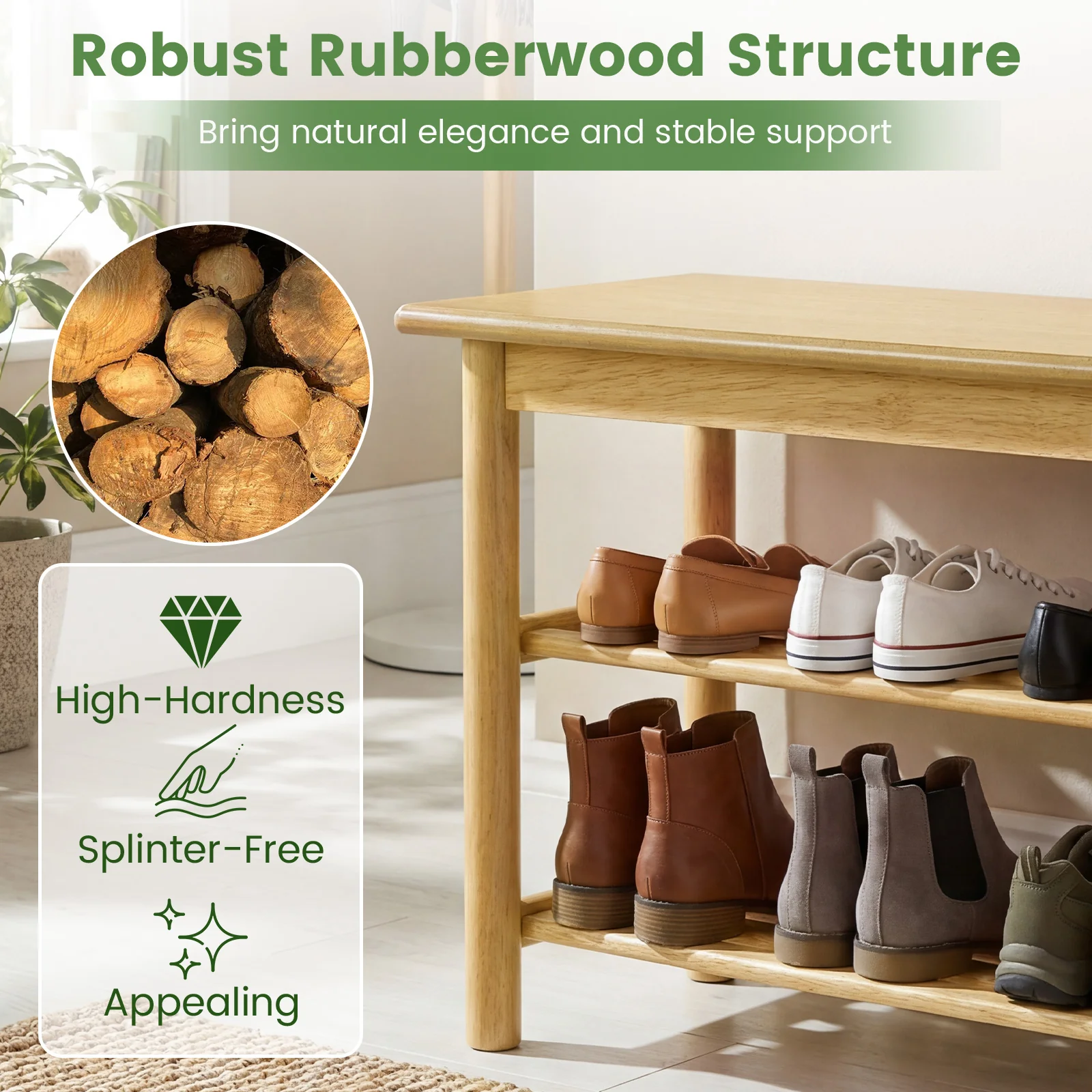 Shoe Rack Bench, 3-Tier Rubberwood, Natural - Image 9