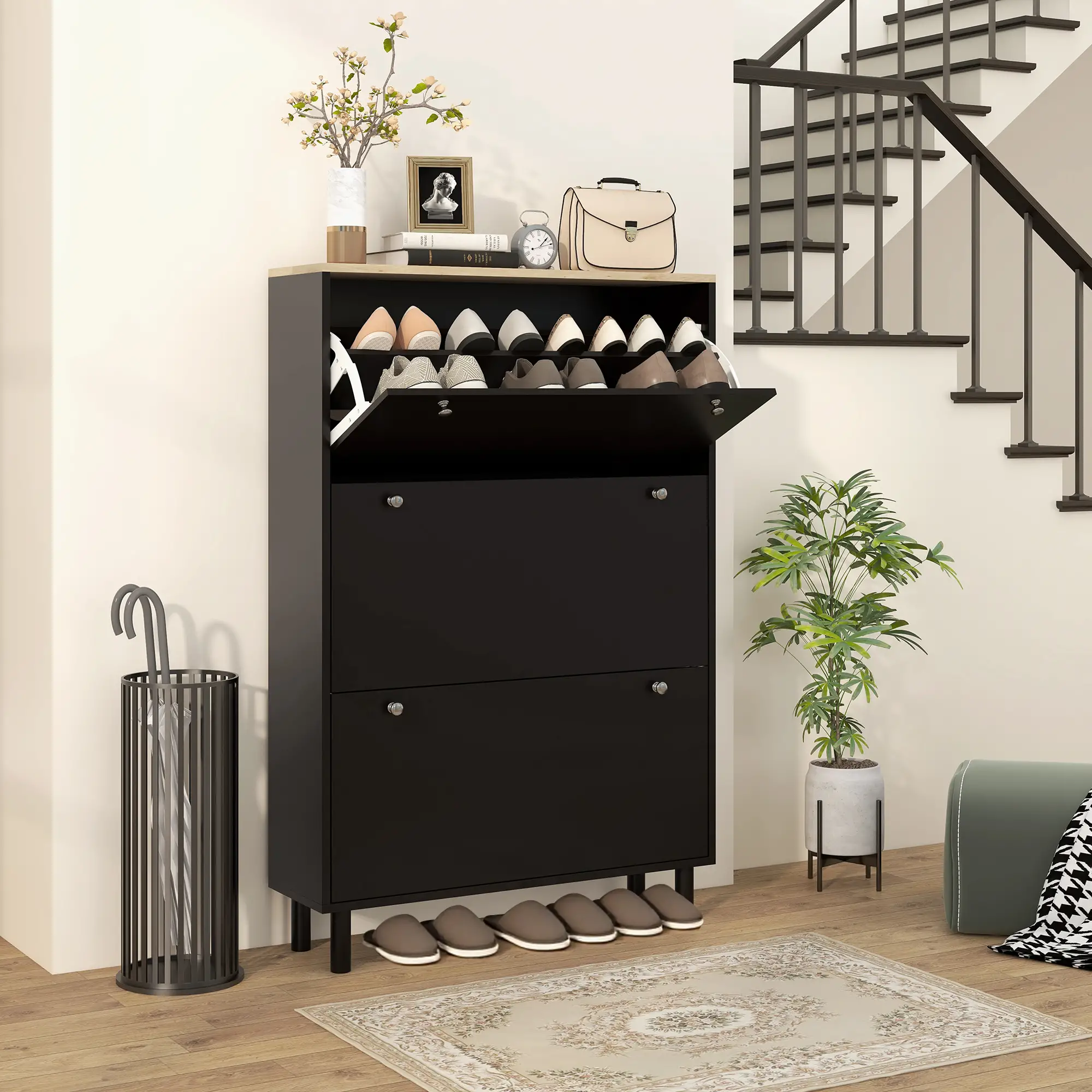 Shoe Storage, 3 Flip Drawers, Adjustable Shelves, 24 Pairs, Black - Image 2