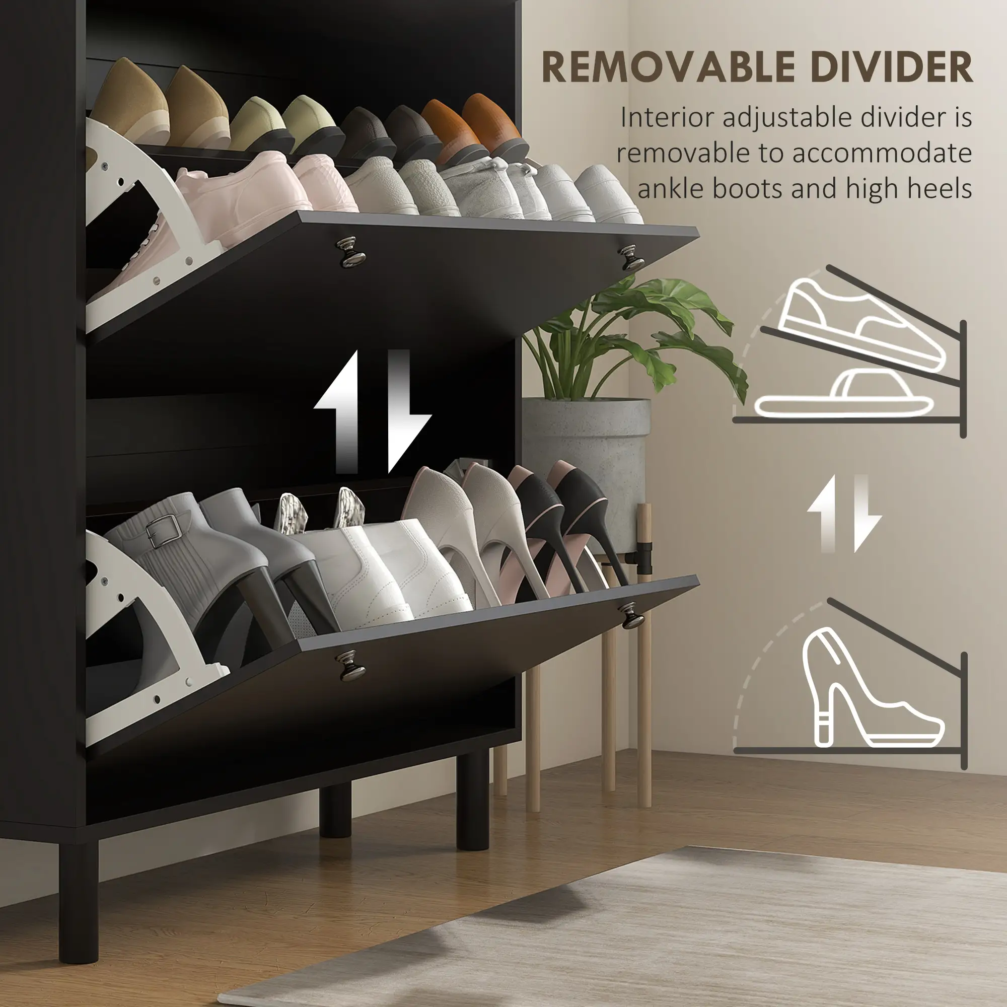 Shoe Storage, 3 Flip Drawers, Adjustable Shelves, 24 Pairs, Black - Image 6