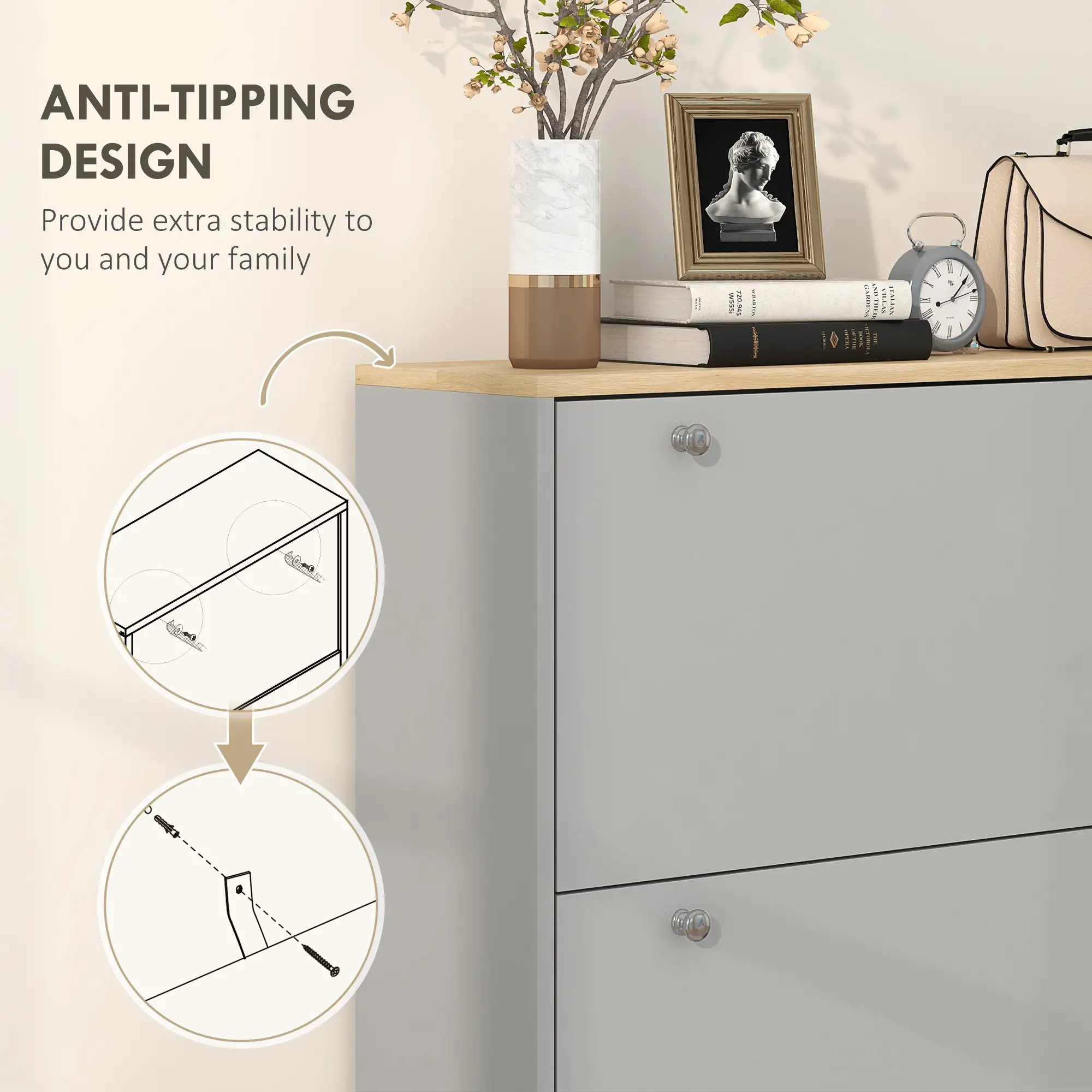 Shoe Storage, 3 Flip Drawers, Adjustable Shelves, 24 Pairs, Grey - Image 7