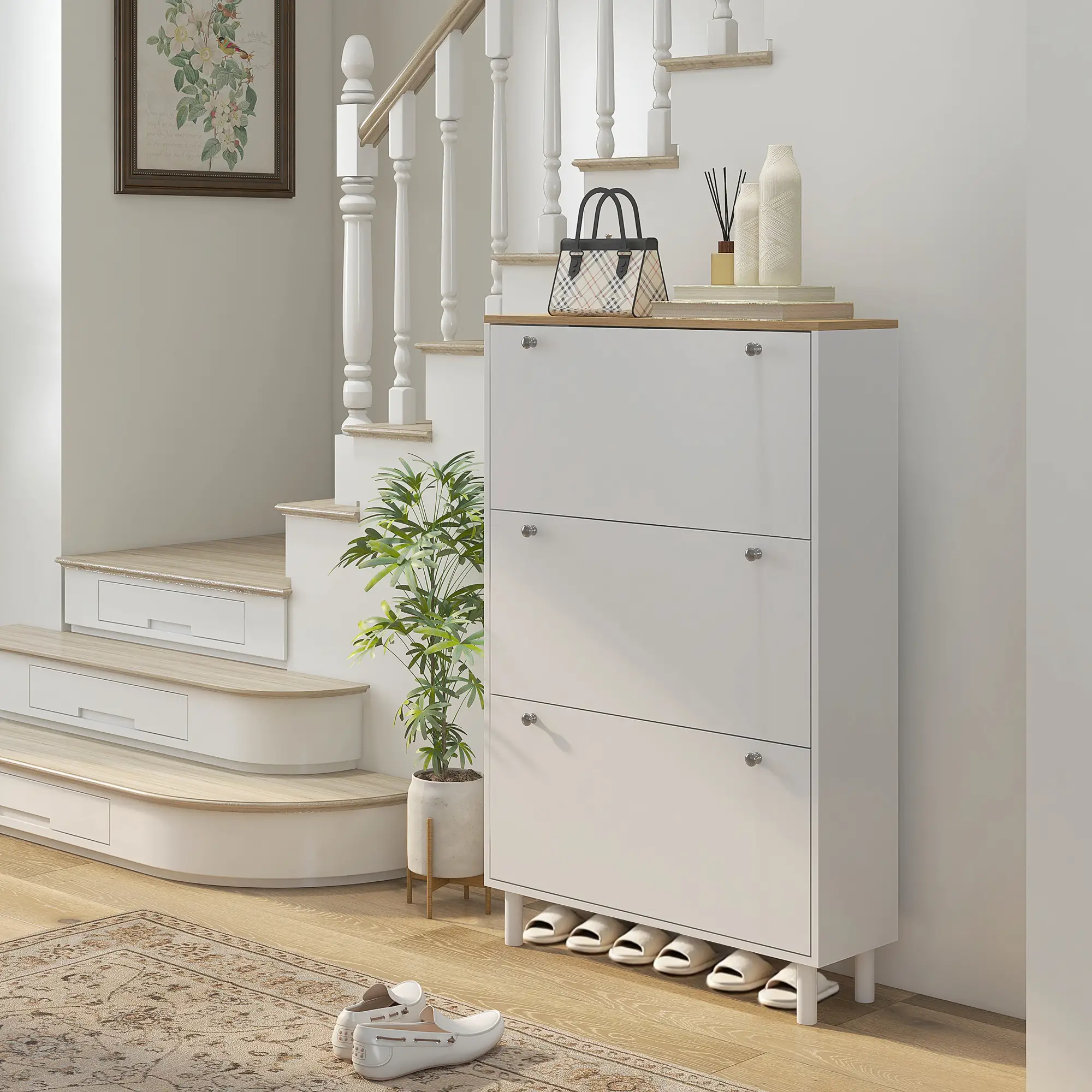 Shoe Storage, 3 Flip Drawers, Adjustable Shelves, 24 Pairs, White - Image 2