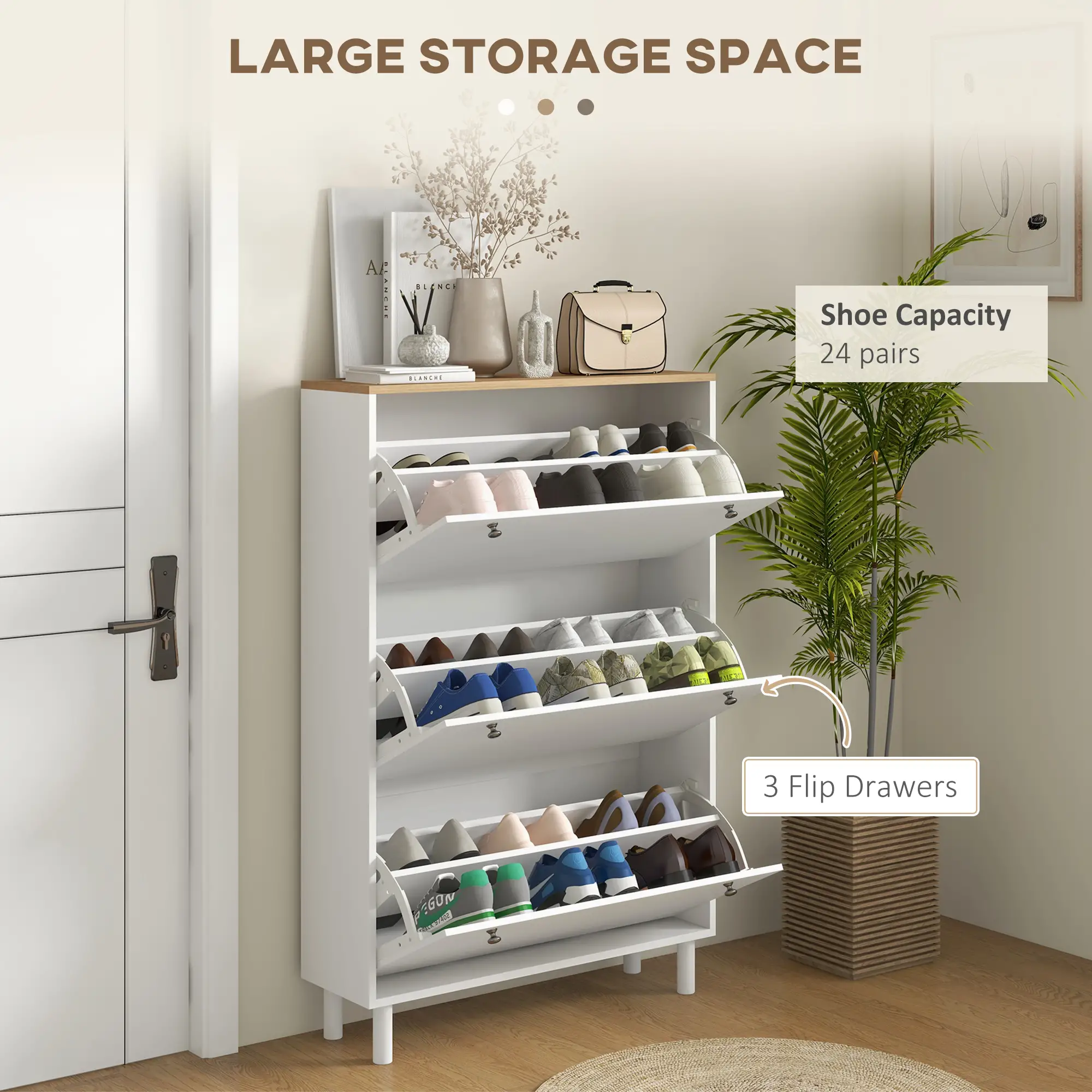 Shoe Storage, 3 Flip Drawers, Adjustable Shelves, 24 Pairs, White - Image 4