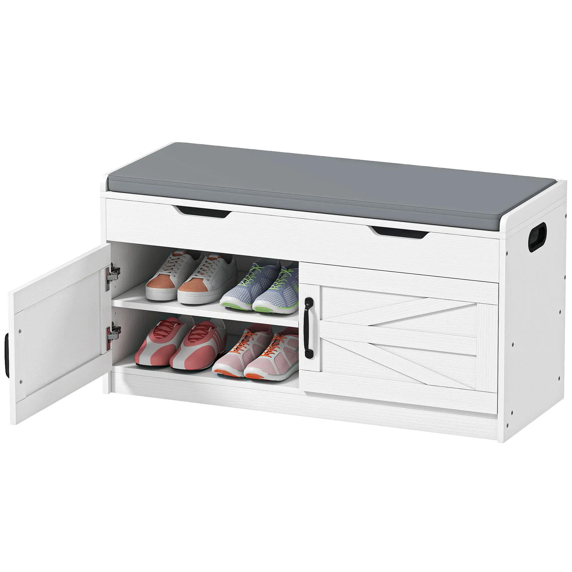 Shoe Storage Bench, 2-Tier Cabinet, Flip-Top, Padded Cushion, White