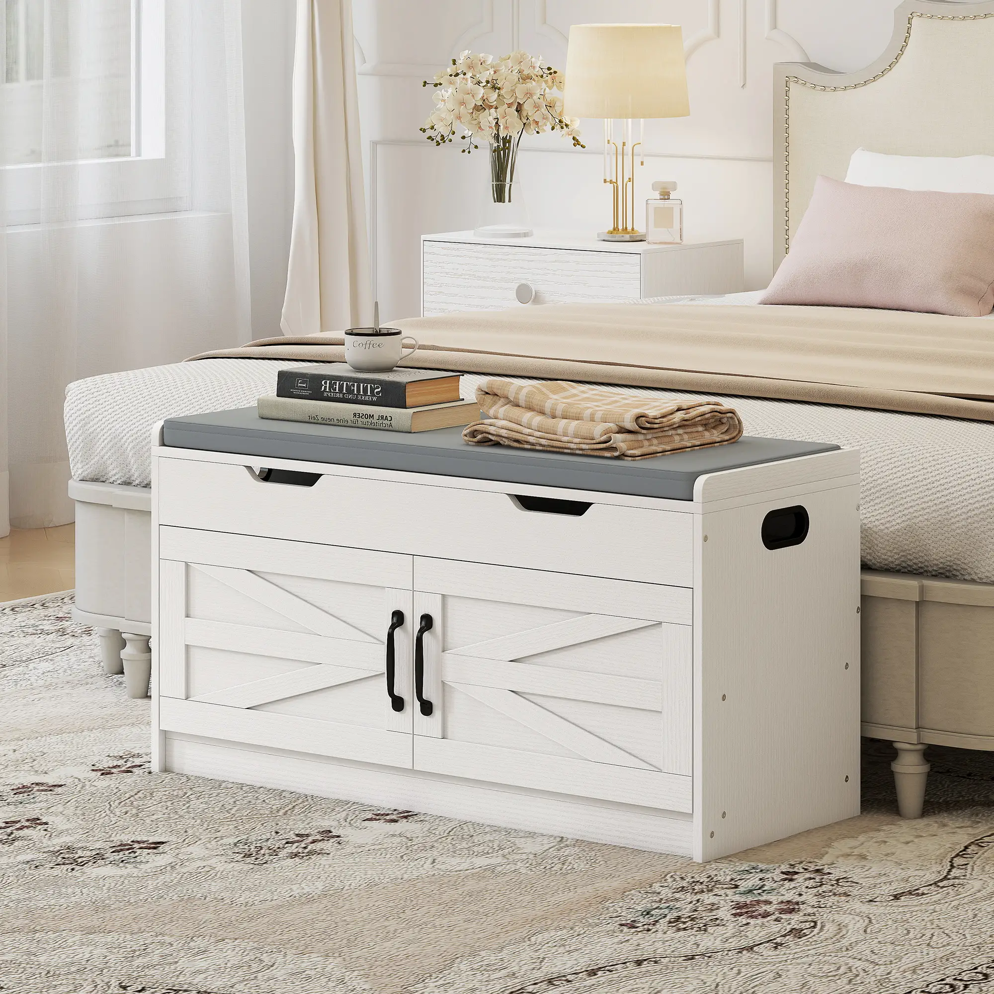 Shoe Storage Bench, 2-Tier Cabinet, Flip-Top, Padded Cushion, White - Image 10