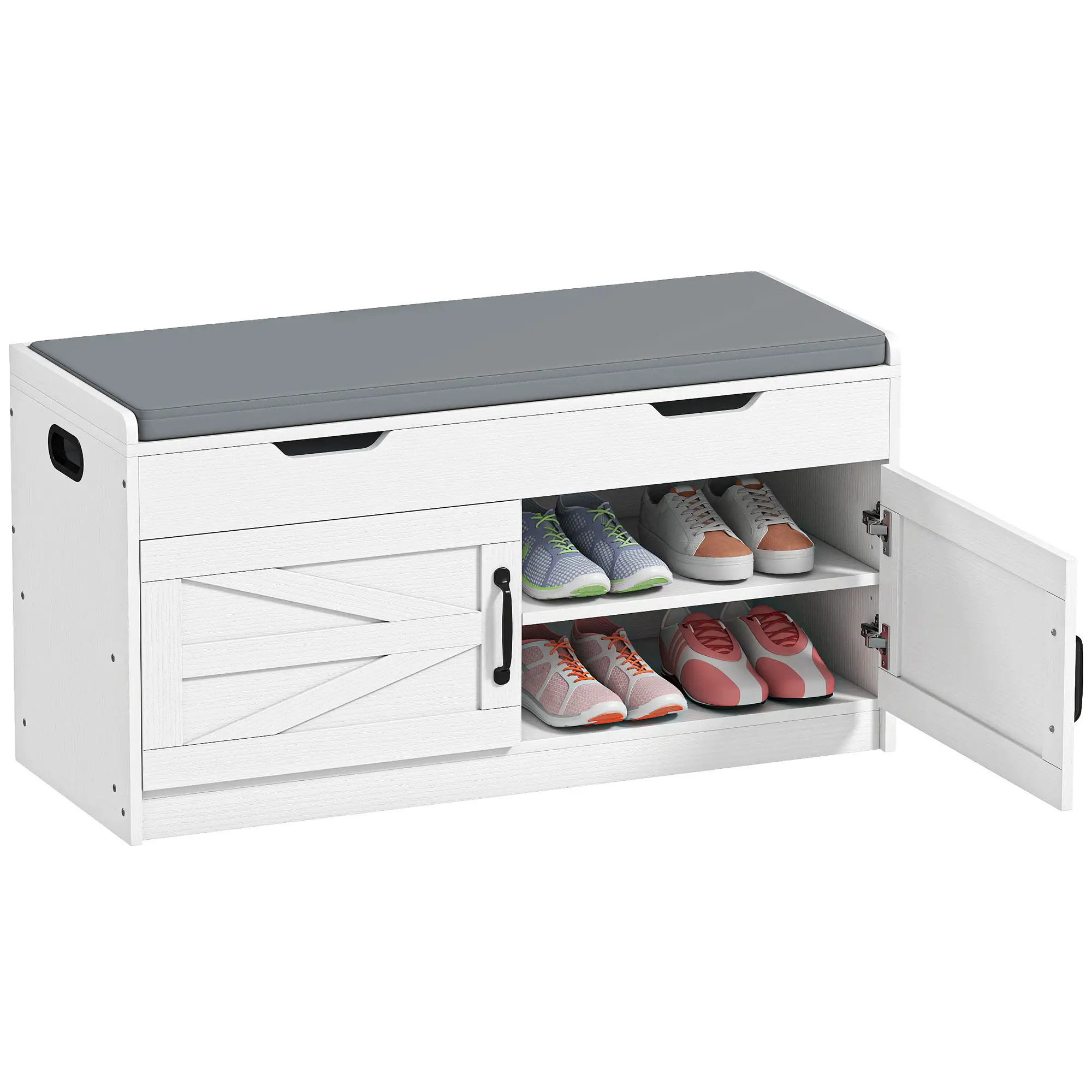 Shoe Storage Bench, 2-Tier Cabinet, Flip-Top, Padded Cushion, White - Image 11