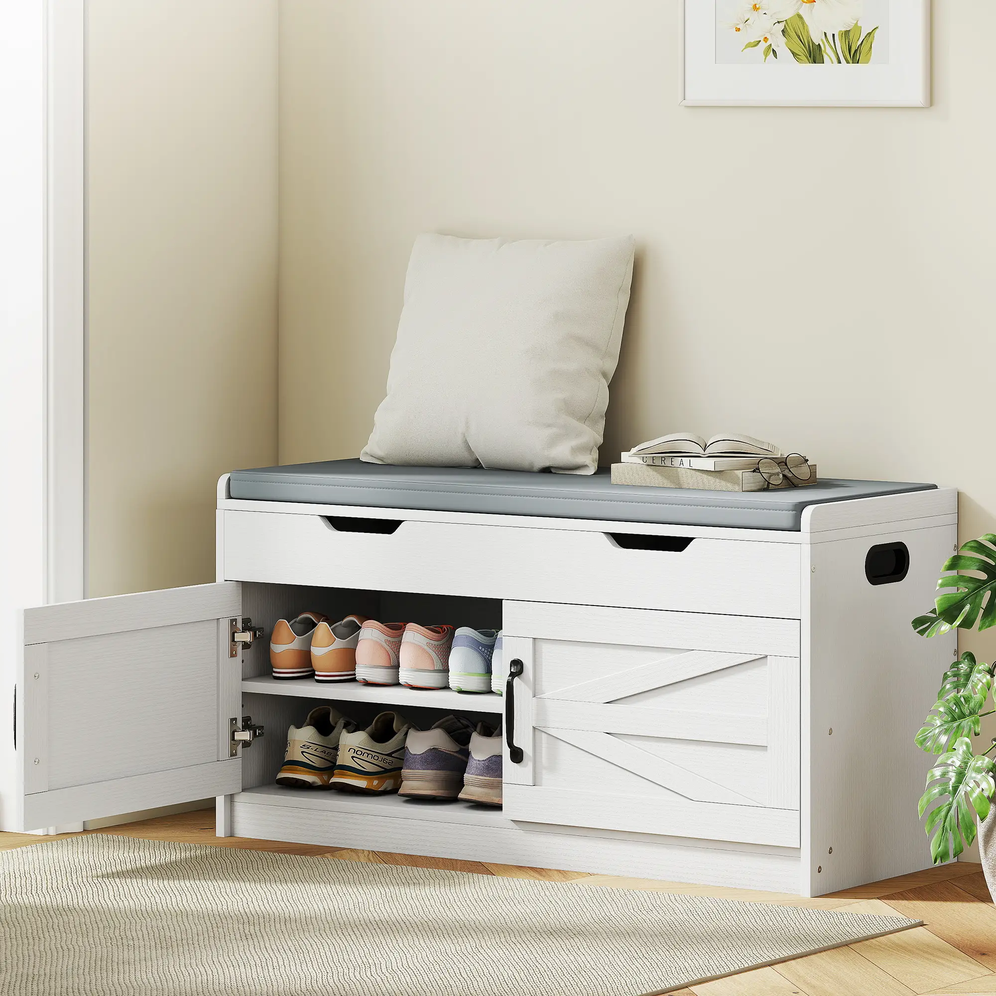 Shoe Storage Bench, 2-Tier Cabinet, Flip-Top, Padded Cushion, White - Image 2