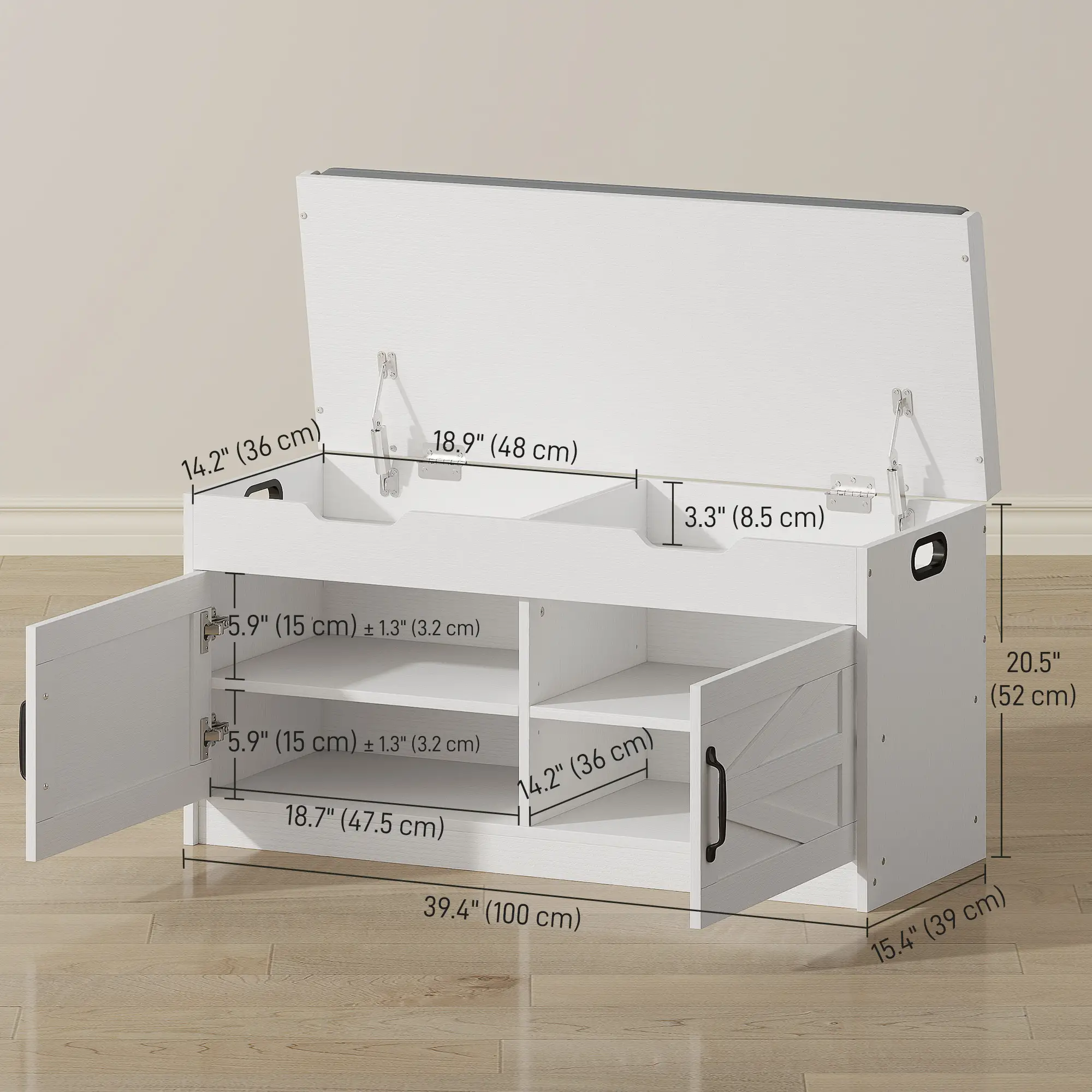 Shoe Storage Bench, 2-Tier Cabinet, Flip-Top, Padded Cushion, White - Image 3