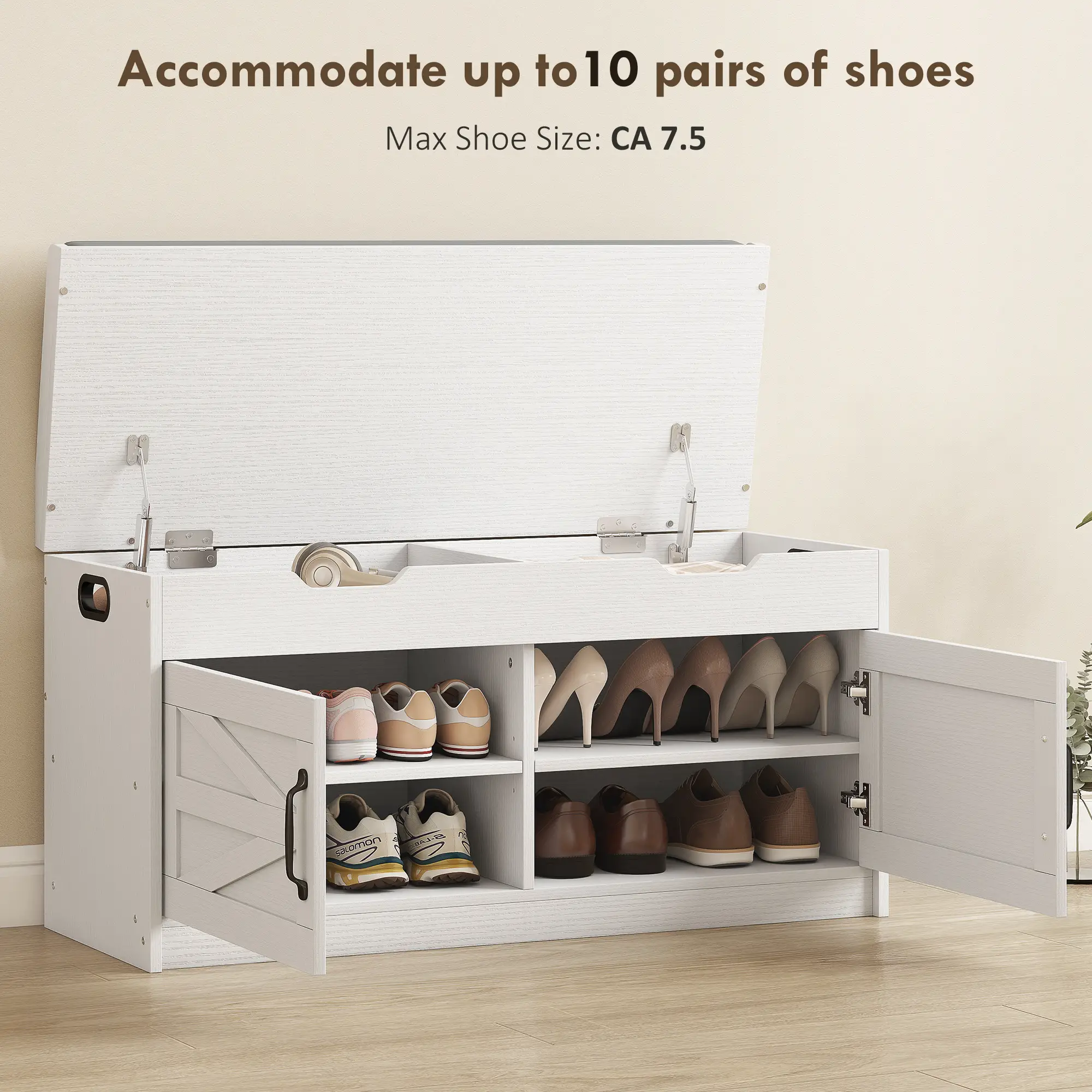 Shoe Storage Bench, 2-Tier Cabinet, Flip-Top, Padded Cushion, White - Image 4