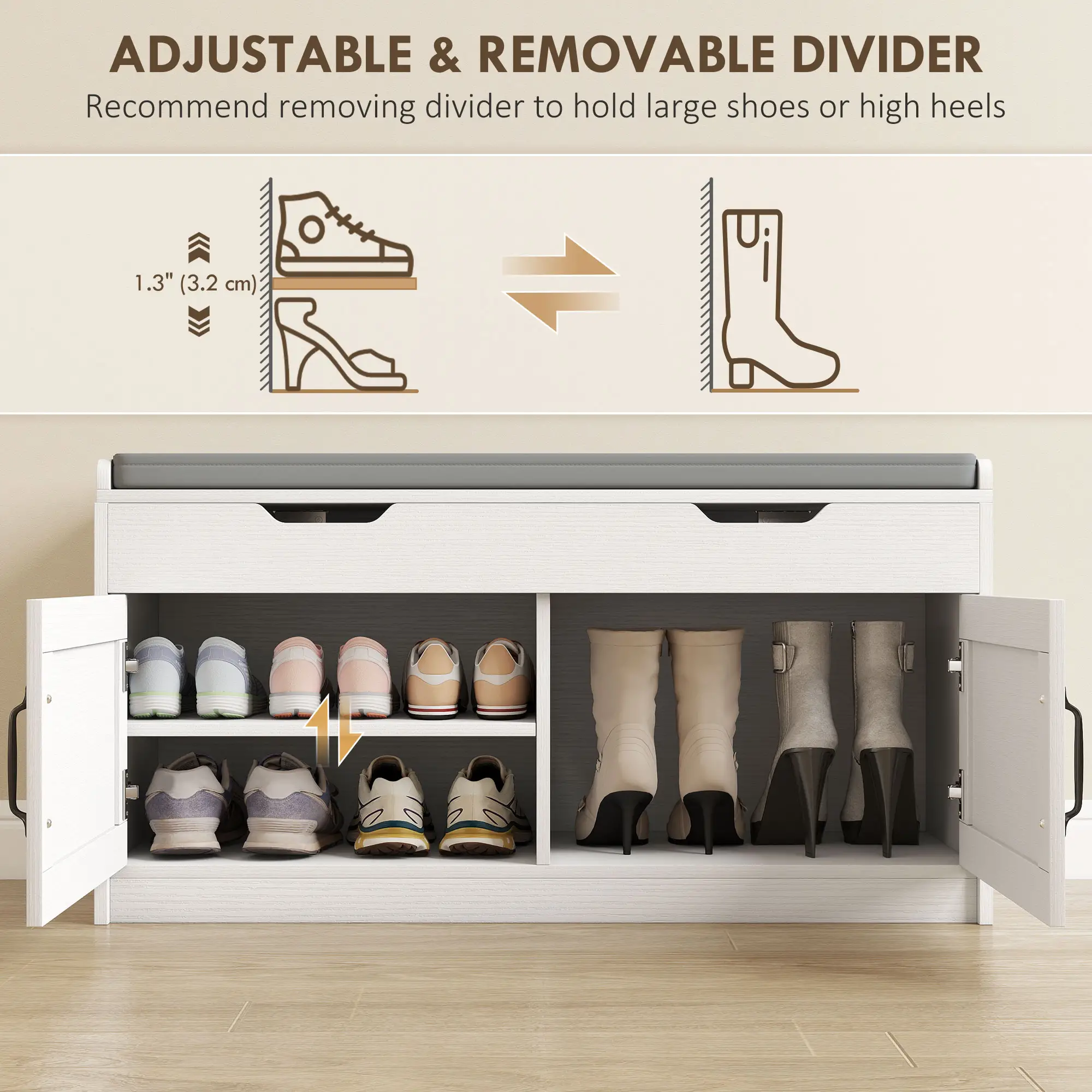 Shoe Storage Bench, 2-Tier Cabinet, Flip-Top, Padded Cushion, White - Image 5