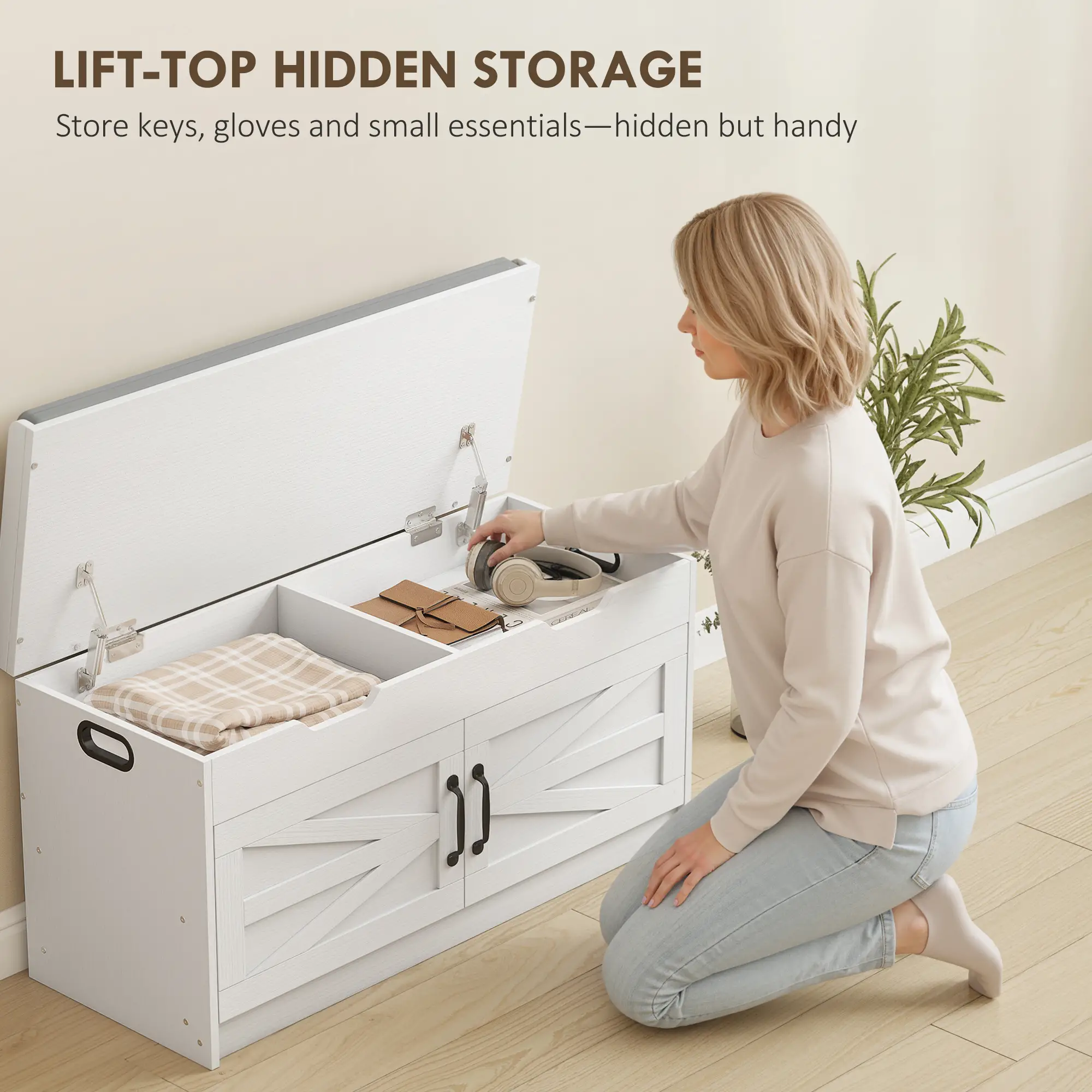 Shoe Storage Bench, 2-Tier Cabinet, Flip-Top, Padded Cushion, White - Image 6