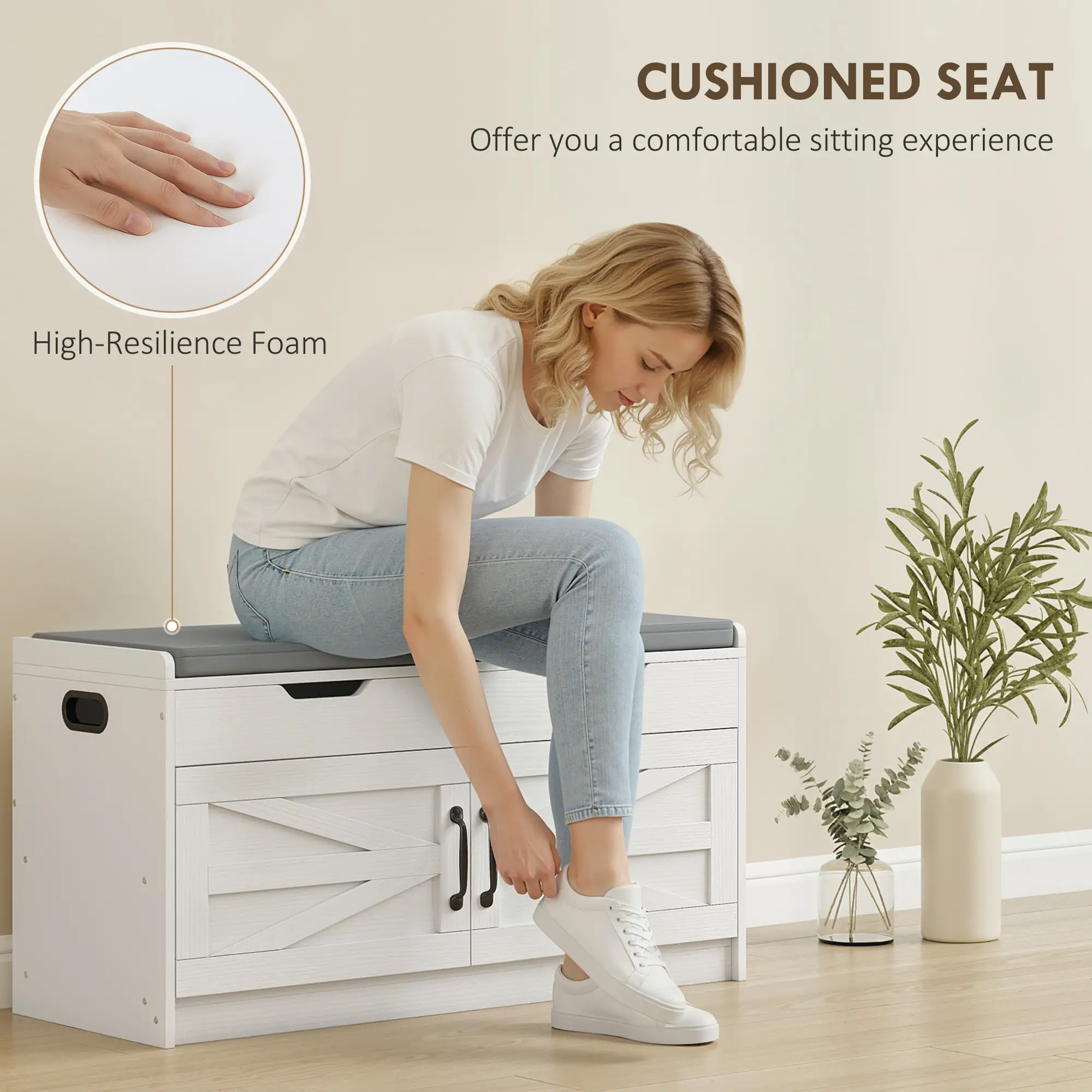 Shoe Storage Bench, 2-Tier Cabinet, Flip-Top, Padded Cushion, White - Image 7
