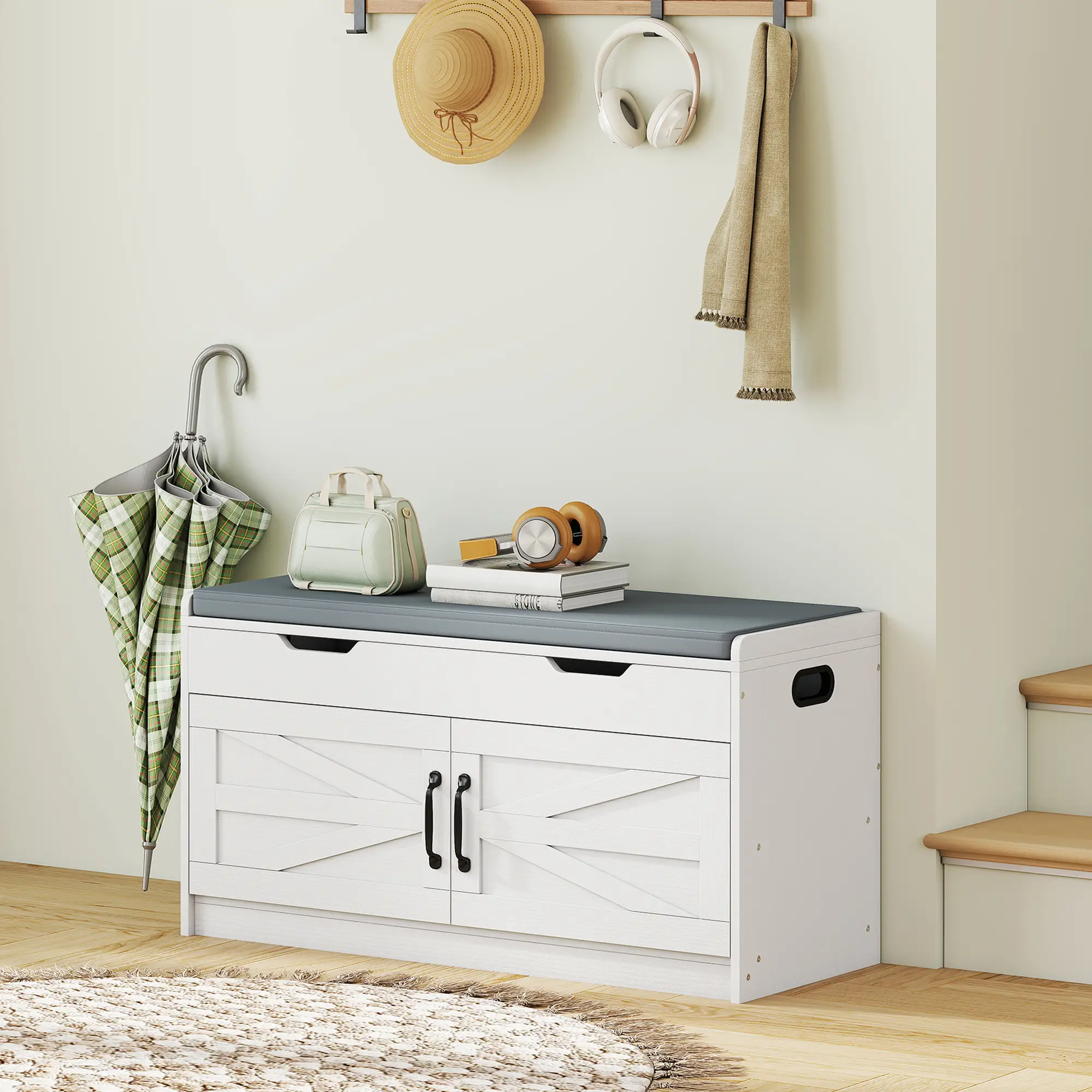 Shoe Storage Bench, 2-Tier Cabinet, Flip-Top, Padded Cushion, White - Image 8