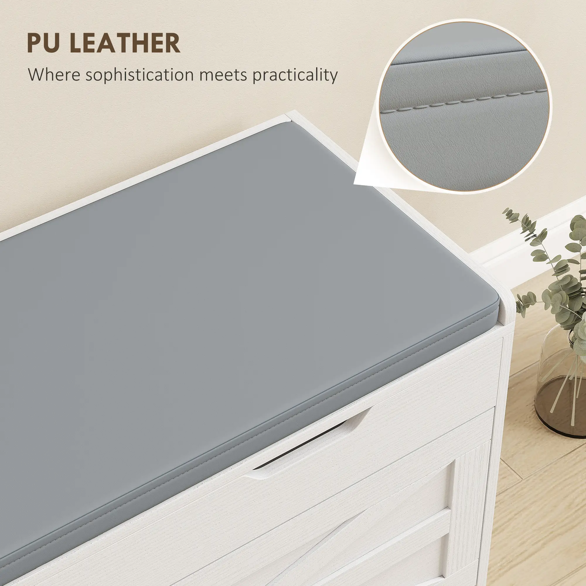 Shoe Storage Bench, 2-Tier Cabinet, Flip-Top, Padded Cushion, White - Image 9