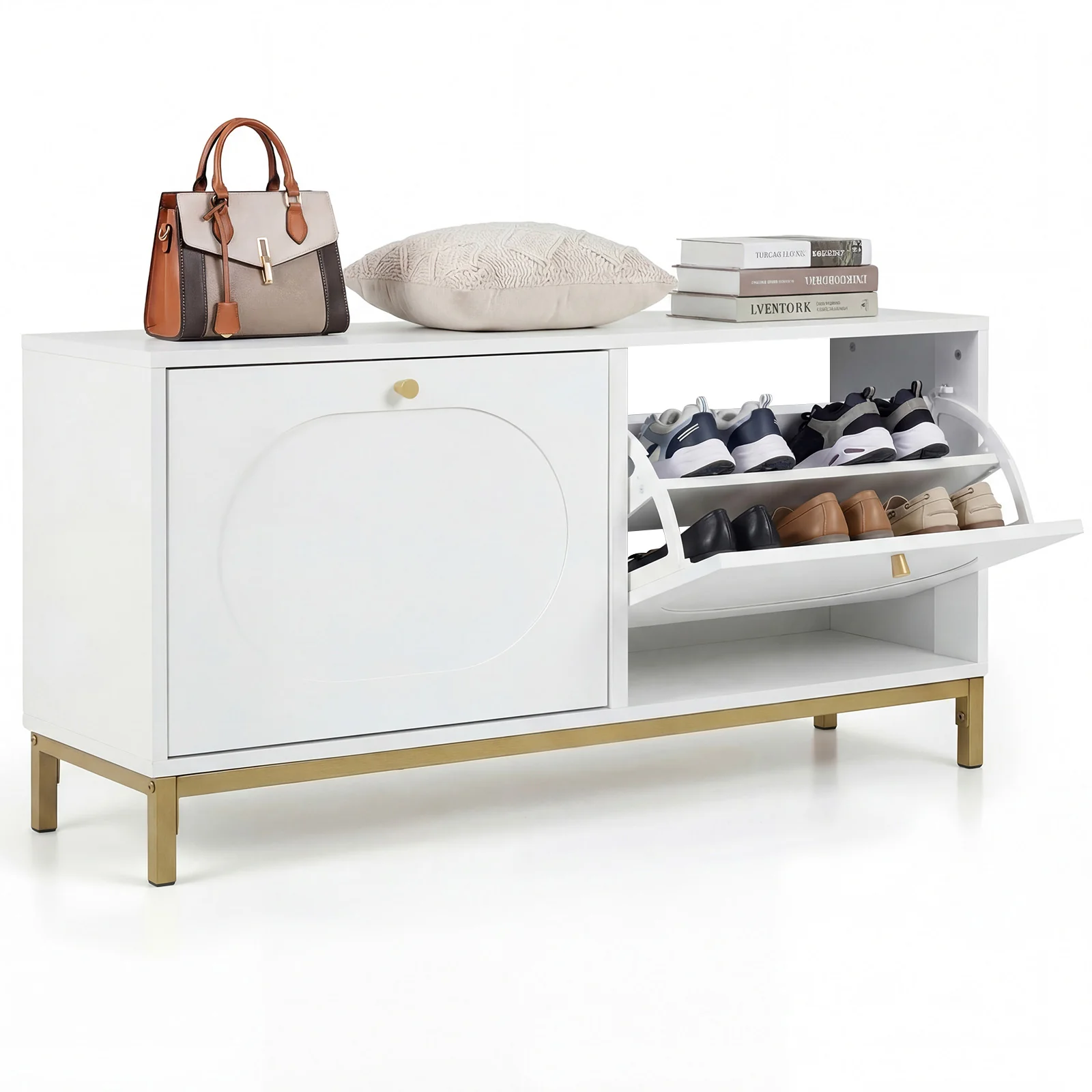 Shoe Storage Bench Narrow Entryway Bench with 2 Flip Drawers Adjustable Shelves, White