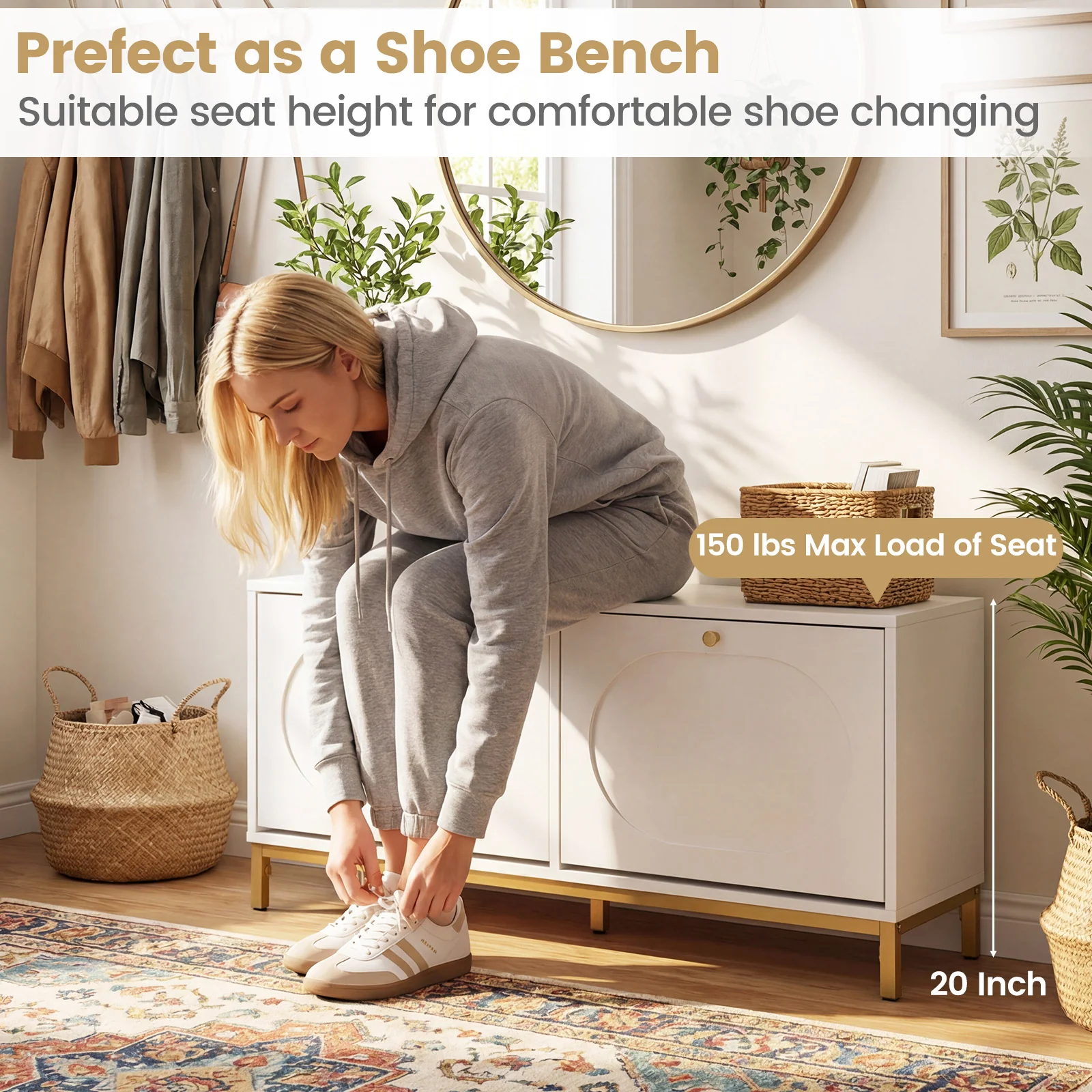 Shoe Storage Bench Narrow Entryway Bench with 2 Flip Drawers Adjustable Shelves, White - Image 10