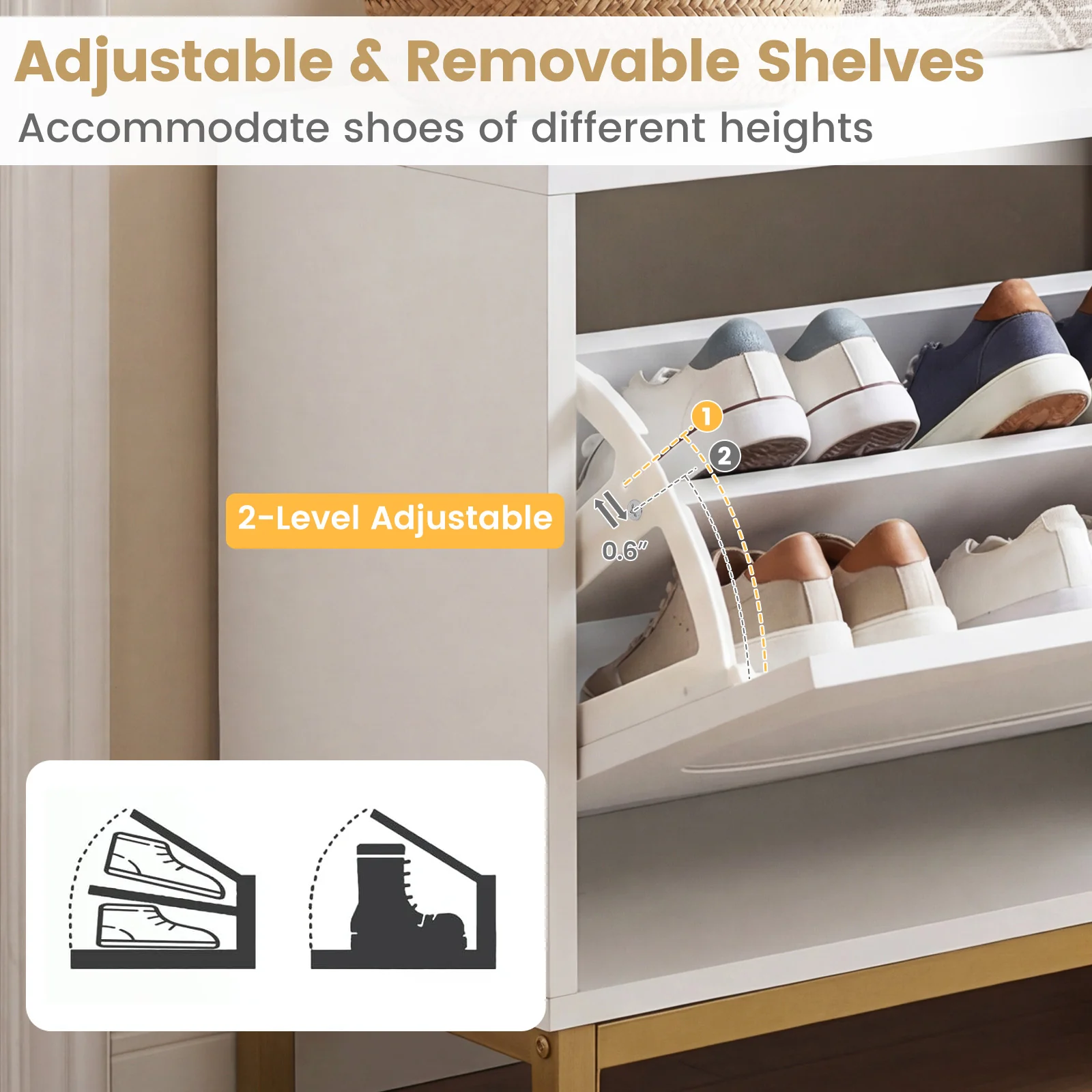 Shoe Storage Bench Narrow Entryway Bench with 2 Flip Drawers Adjustable Shelves, White - Image 9