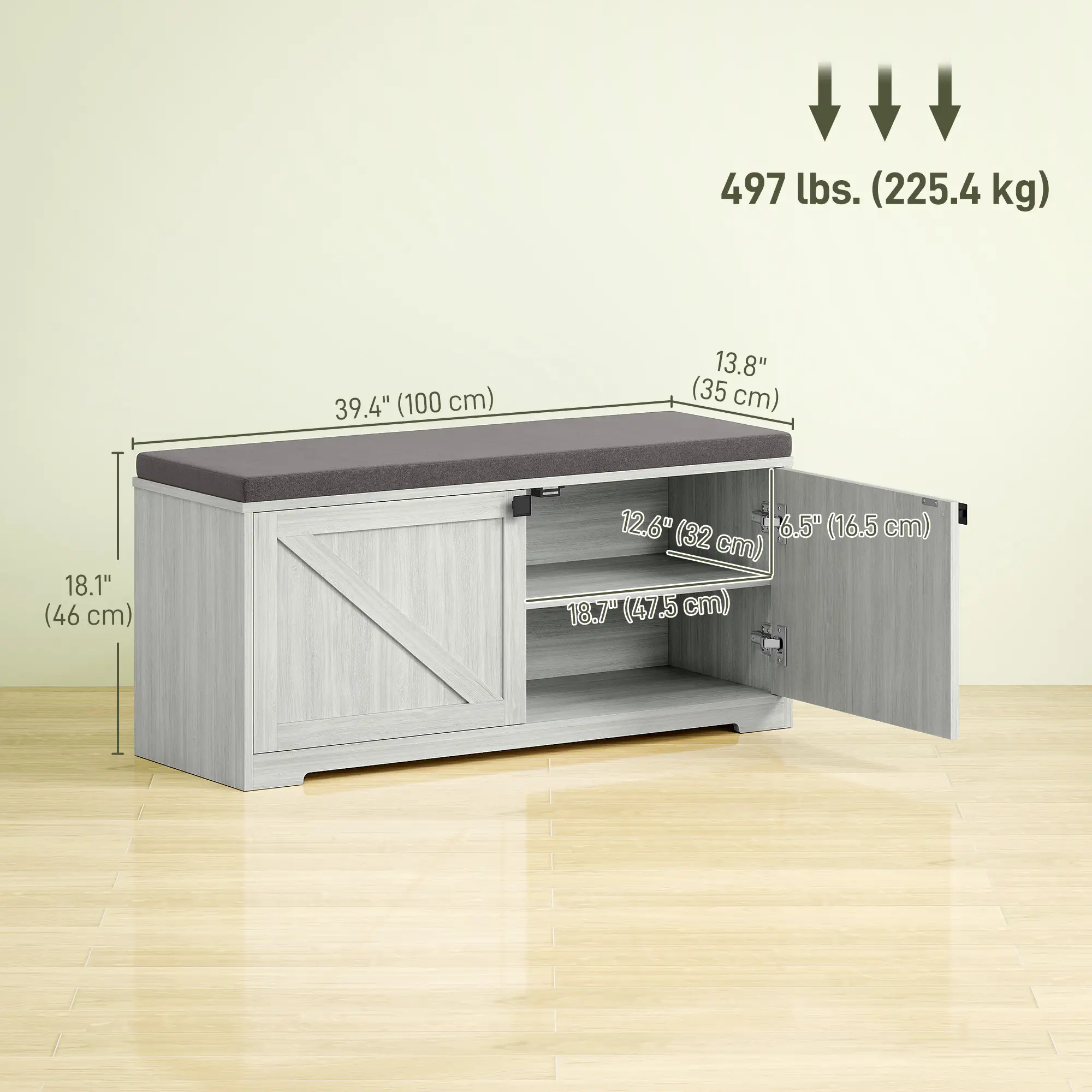 Shoe Storage Bench, Padded Seat, Holds 352 lb, 8 Pairs, Light Grey - Image 3