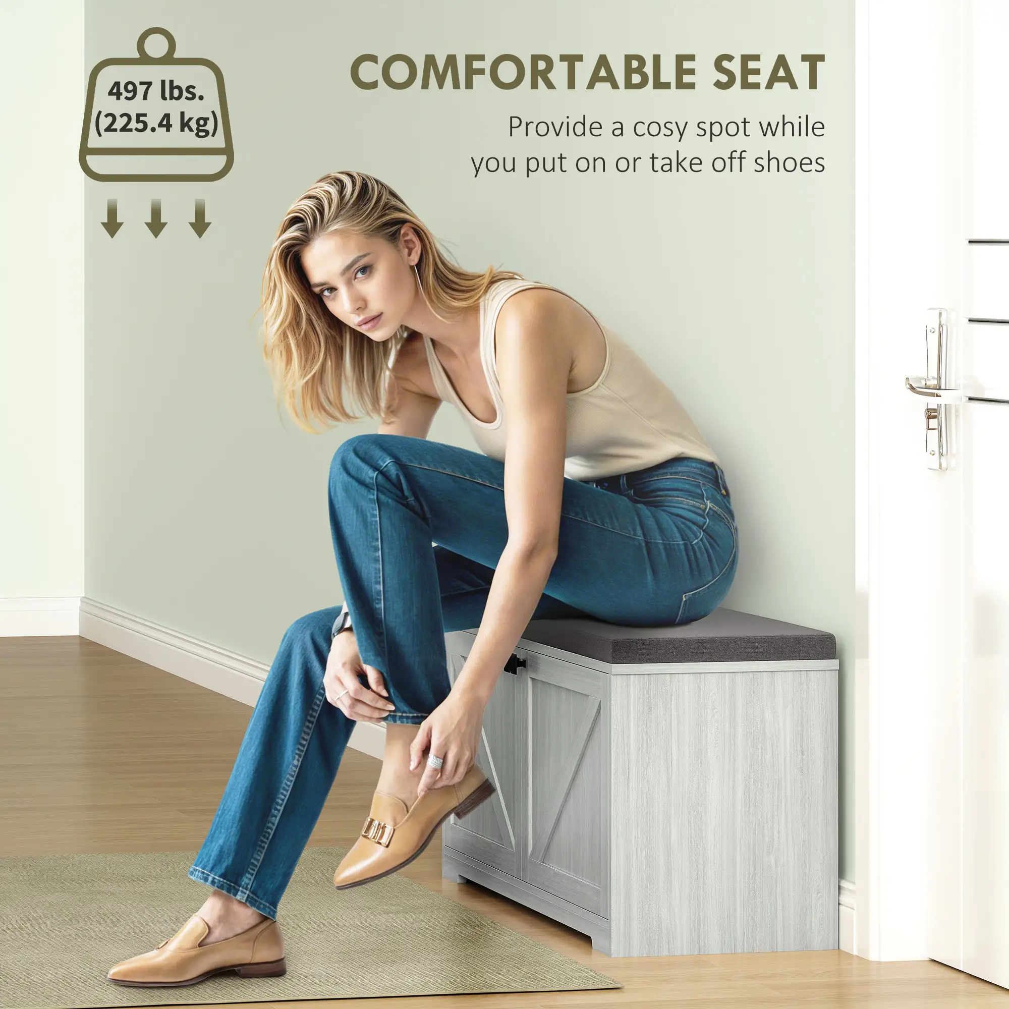 Shoe Storage Bench, Padded Seat, Holds 352 lb, 8 Pairs, Light Grey - Image 6