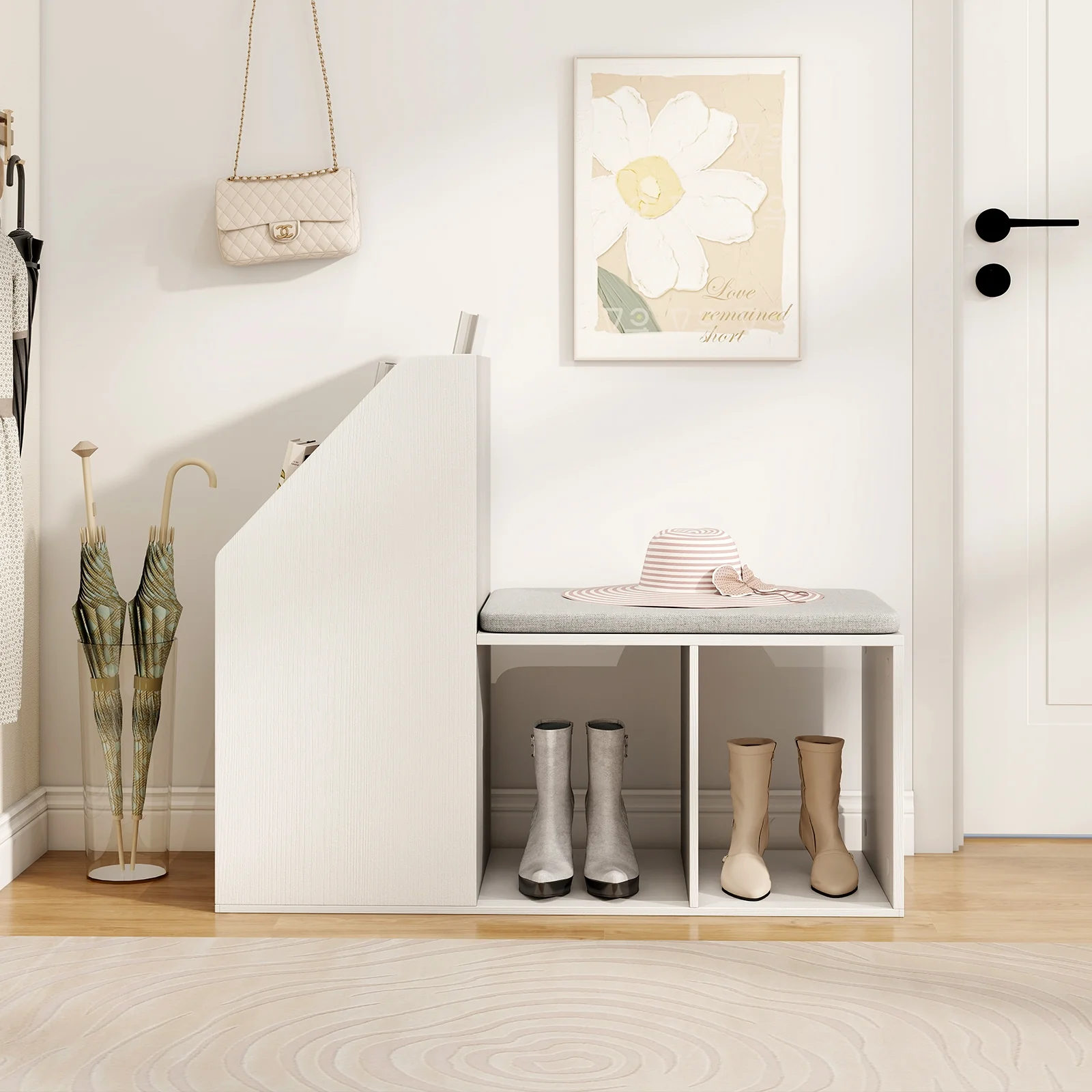 Shoe Storage Bench, Removable Seat Cushion, 6 Compartments, White - Image 2