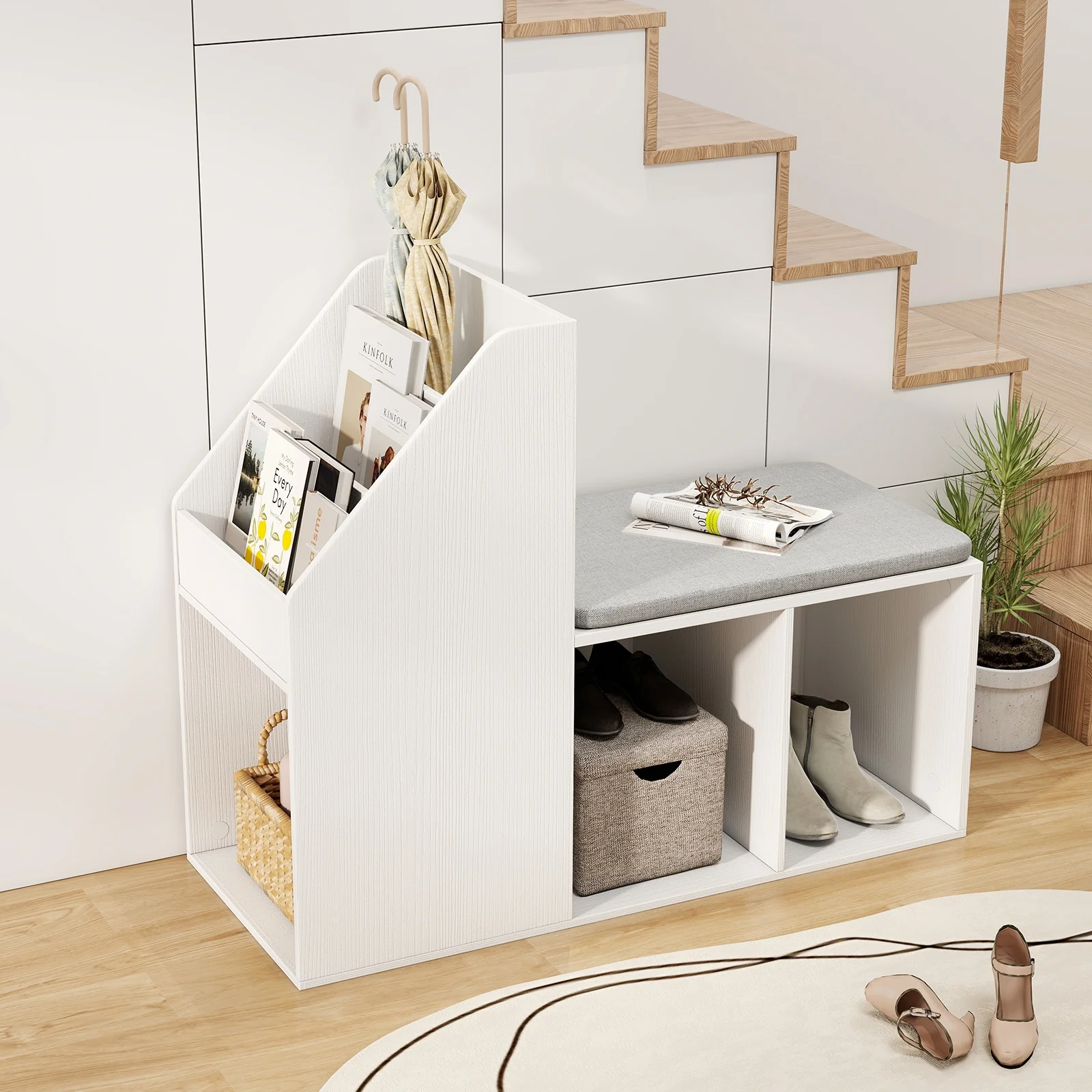 Shoe Storage Bench, Removable Seat Cushion, 6 Compartments, White - Image 3
