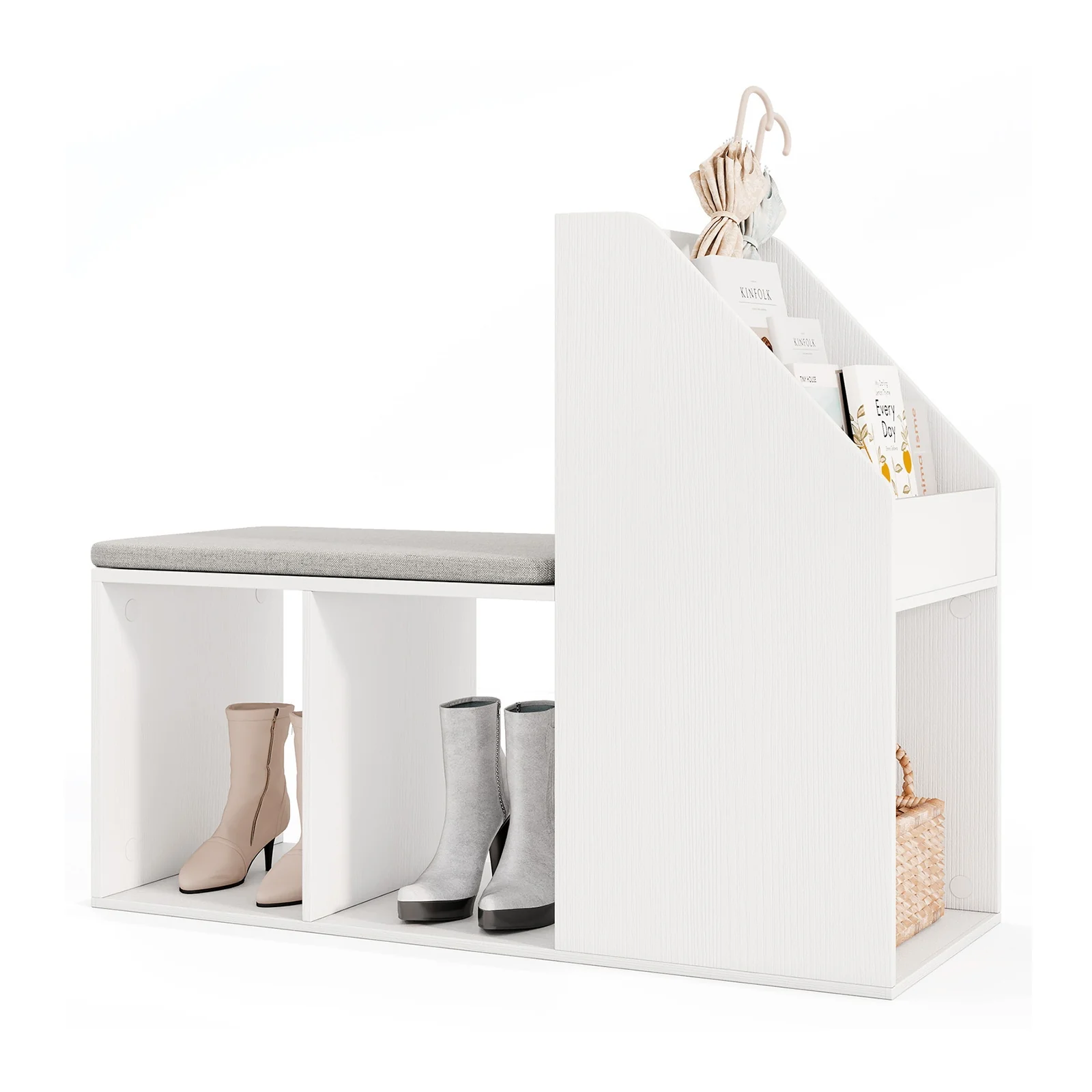 Shoe Storage Bench, Removable Seat Cushion, 6 Compartments, White - Image 4