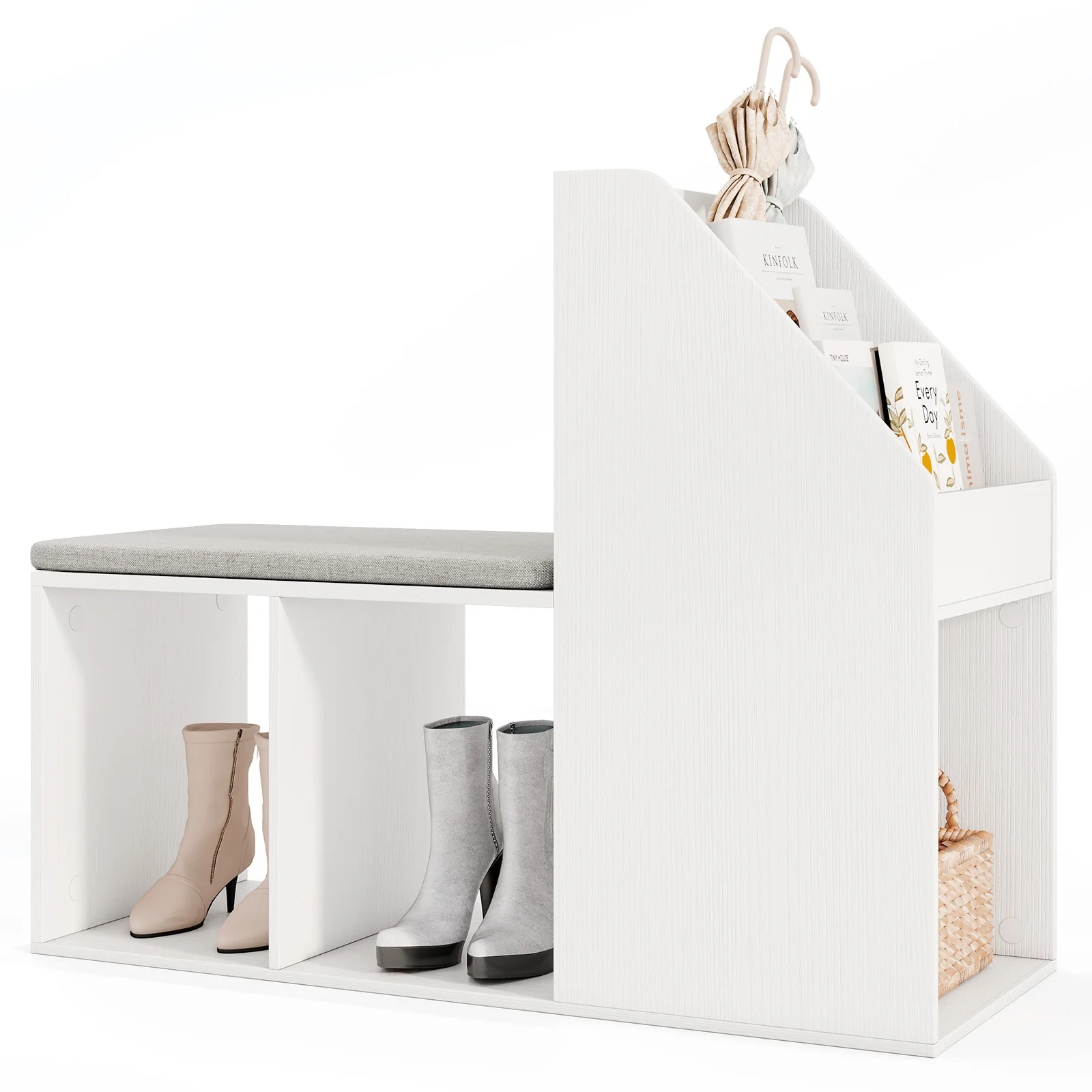 Shoe Storage Bench, Removable Seat Cushion, 6 Compartments, White - Image 5