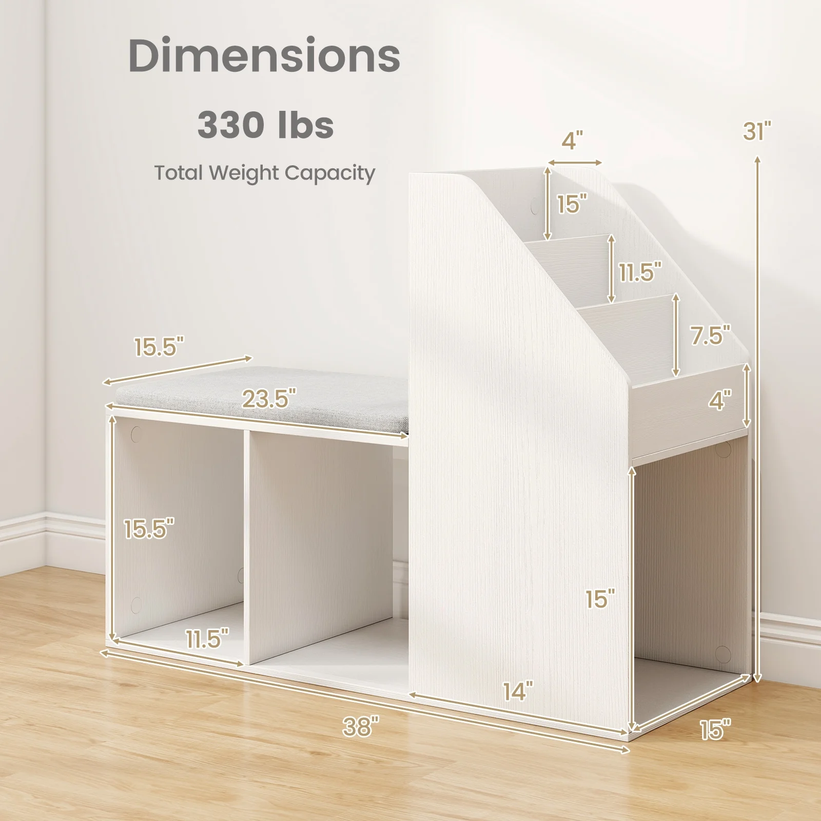Shoe Storage Bench, Removable Seat Cushion, 6 Compartments, White - Image 6