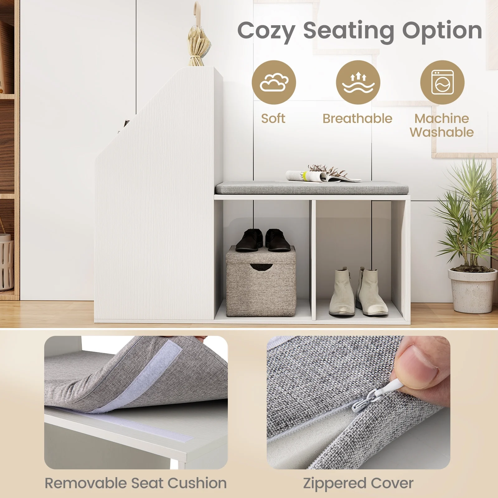 Shoe Storage Bench, Removable Seat Cushion, 6 Compartments, White - Image 9