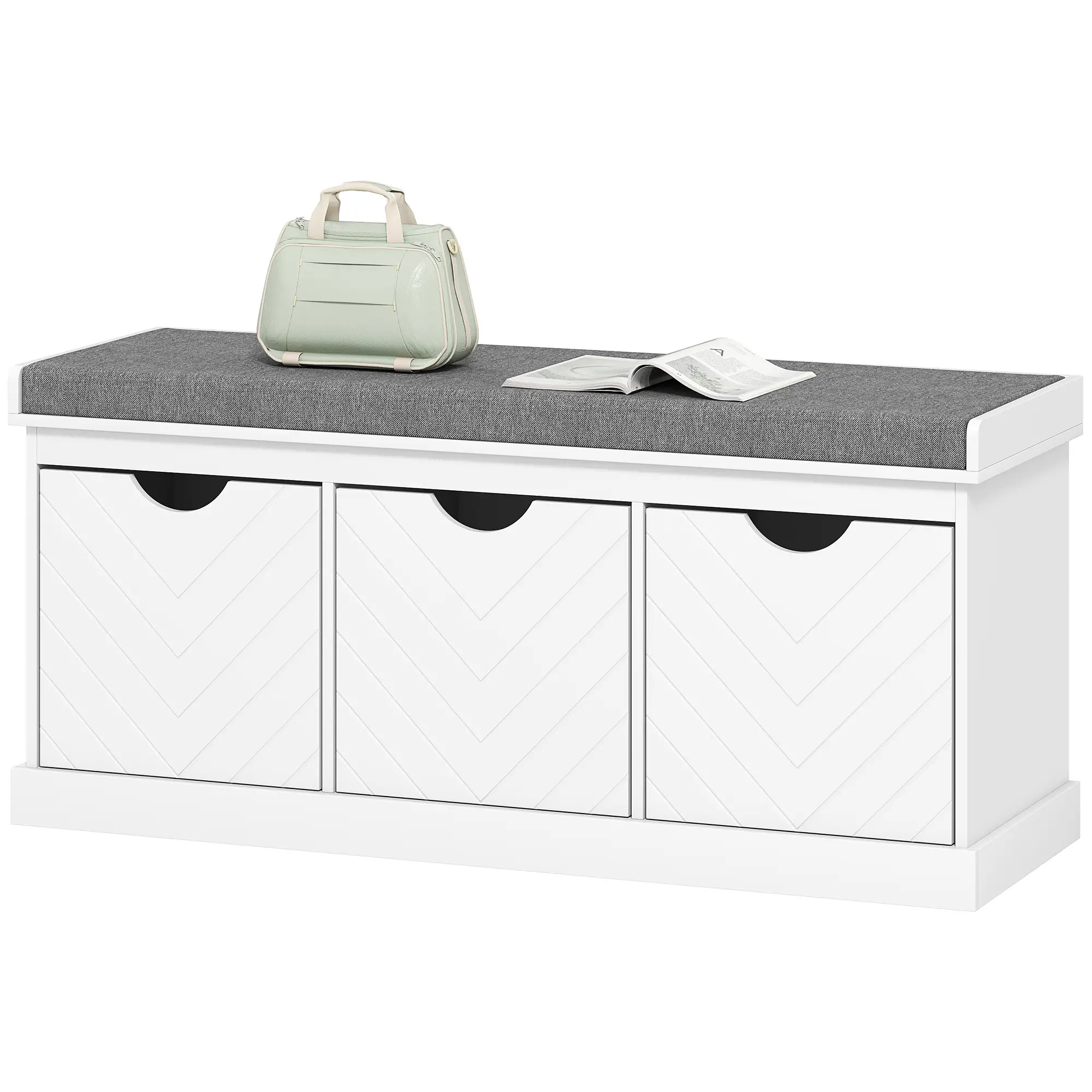 Shoe Storage Bench, 3 Drawers, Padded Seat, White