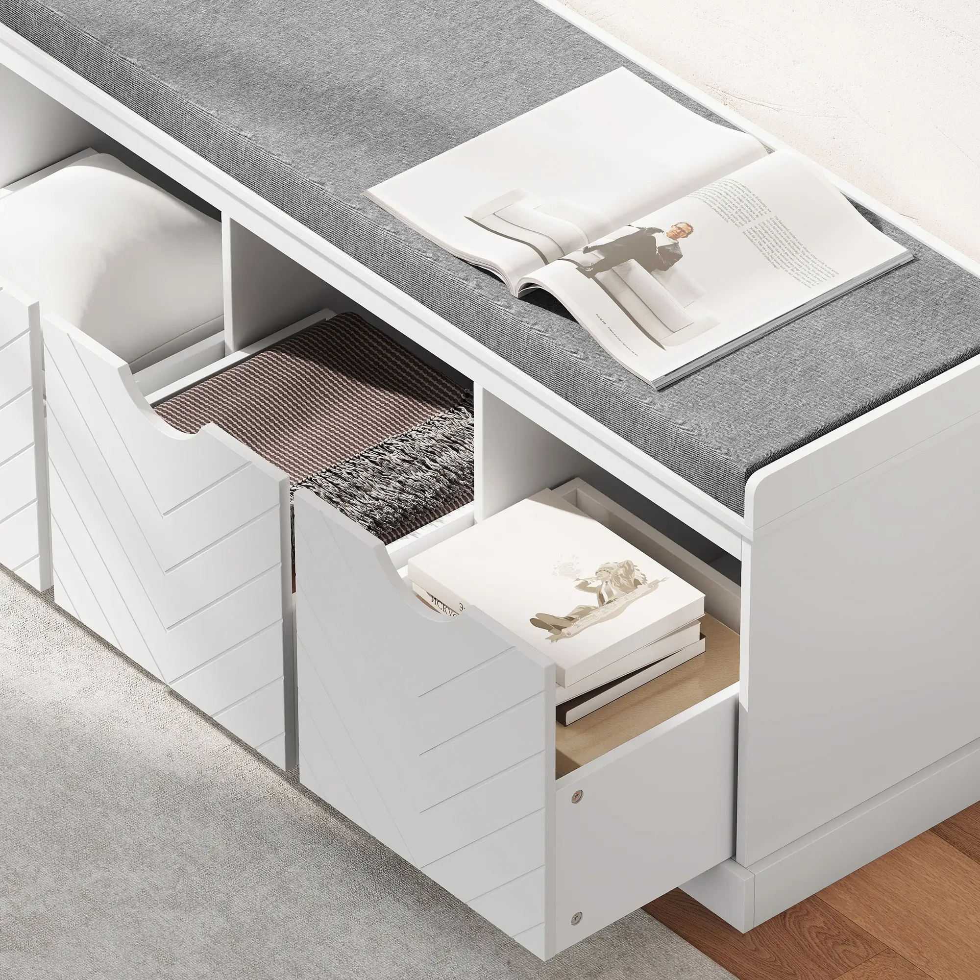 Shoe Storage Bench, 3 Drawers, Padded Seat, White - Image 10
